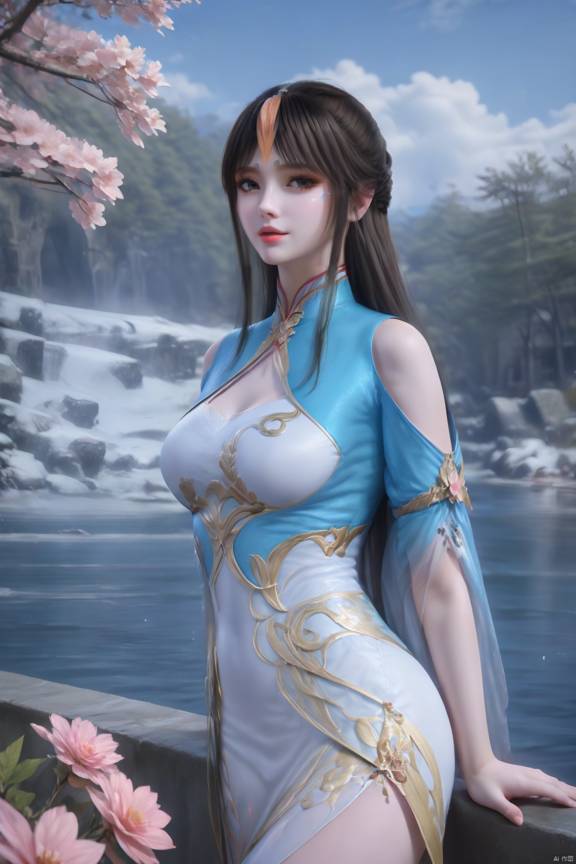 masterpiece,best quality,official art,extremely detailed CG unity 8k wallpaper,realistic,light rays,light particles,
1girl,xuner,solo,jewelry,realistic,lips,long_hair,black_hair,looking_at_viewer,
blue sky,white clouds,depth of field,blurred background,simple_background,minimalism,outdoor,open country,stream,lake,flowers fall,peach blossom,
looking at viewer,cowboy shot,qinger
