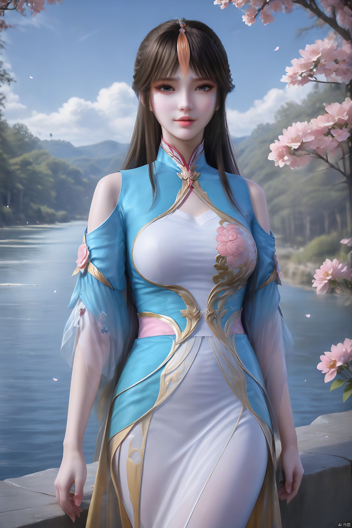 masterpiece,best quality,official art,extremely detailed CG unity 8k wallpaper,realistic,light rays,light particles,
1girl,xuner,solo,jewelry,realistic,lips,long_hair,black_hair,looking_at_viewer,
blue sky,white clouds,depth of field,blurred background,simple_background,minimalism,outdoor,open country,stream,lake,flowers fall,peach blossom,
looking at viewer,cowboy shot,qinger