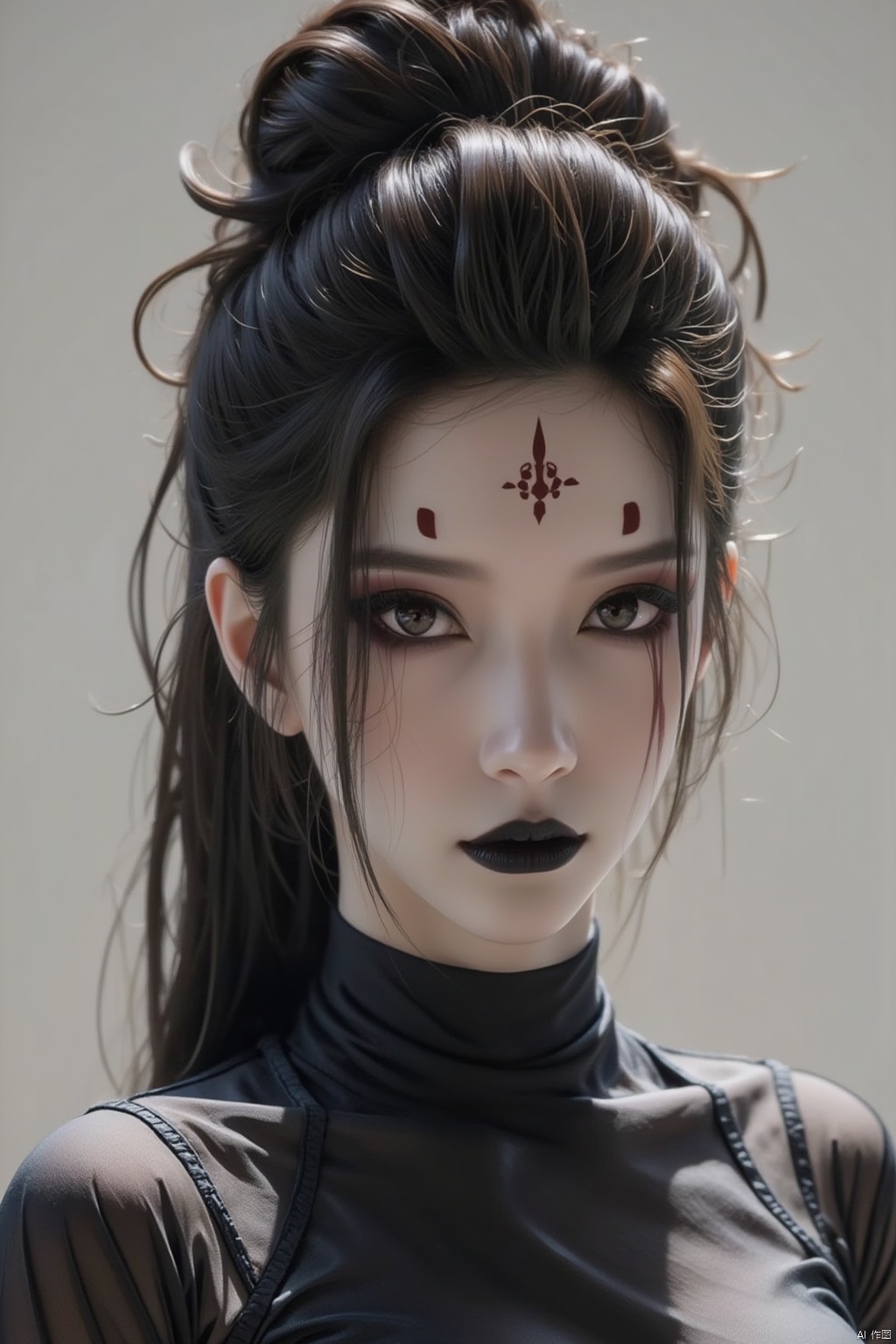 official art,1girl,solo,black hair,facial mark,looking at viewer,forehead mark,makeup,hair bun,black eyes,portrait,lipstick,simple background,black lips,bodysuit,upper body,closed,masterpiece,illustration,an extremely delicate and beautiful,extremely detailed,CG,unity,8k wallpaper,Amazing,finely detail,mouth,forehead mark,黑神话悟空蜘蛛精四妹FLUX-起风了,red forehead mark