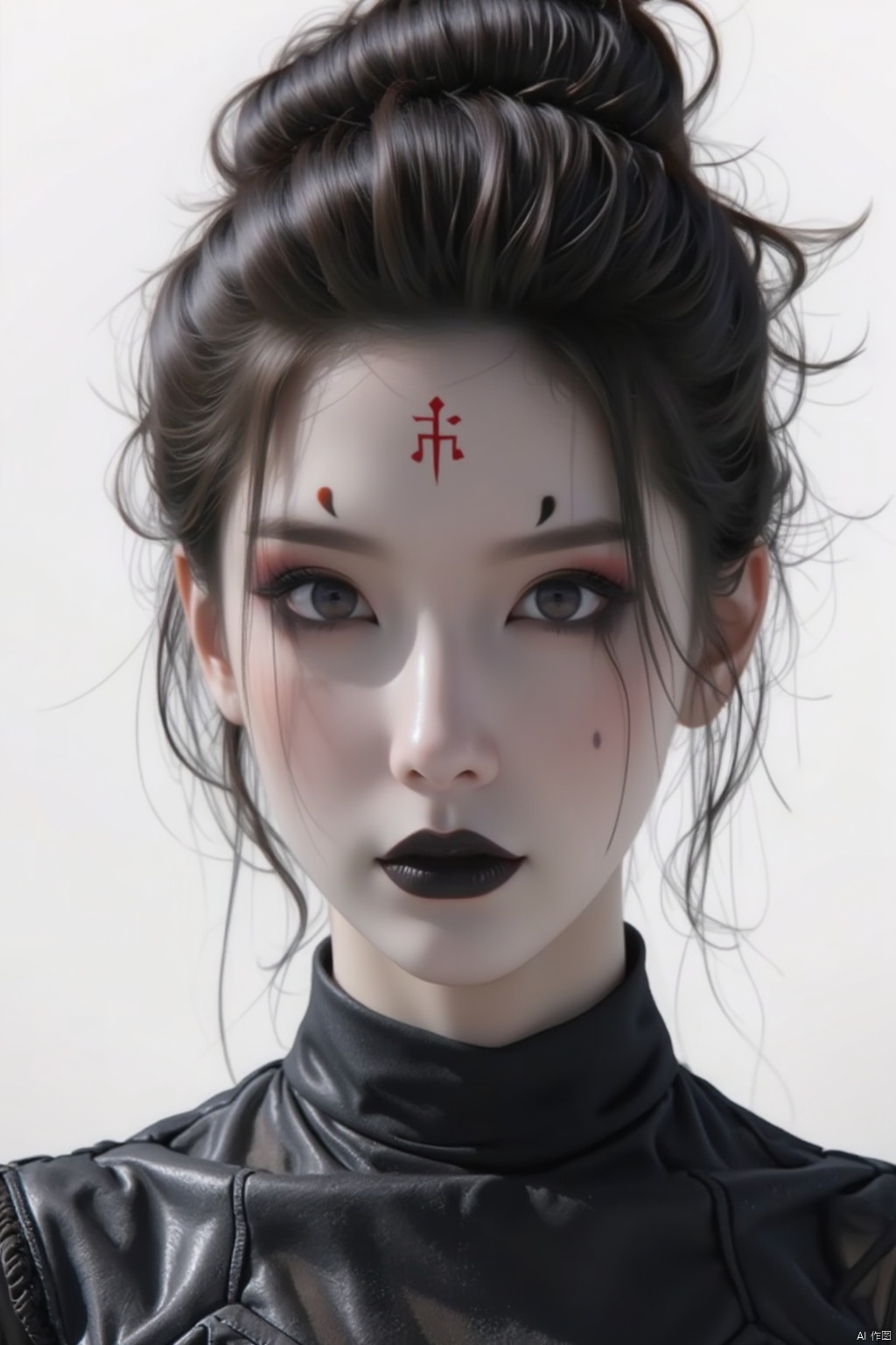 official art,1girl,solo,black hair,facial mark,looking at viewer,forehead mark,makeup,hair bun,black eyes,portrait,lipstick,simple background,black lips,bodysuit,upper body,closed,masterpiece,illustration,an extremely delicate and beautiful,extremely detailed,CG,unity,8k wallpaper,Amazing,finely detail,mouth,forehead mark,黑神话悟空蜘蛛精四妹FLUX-起风了,red forehead mark
