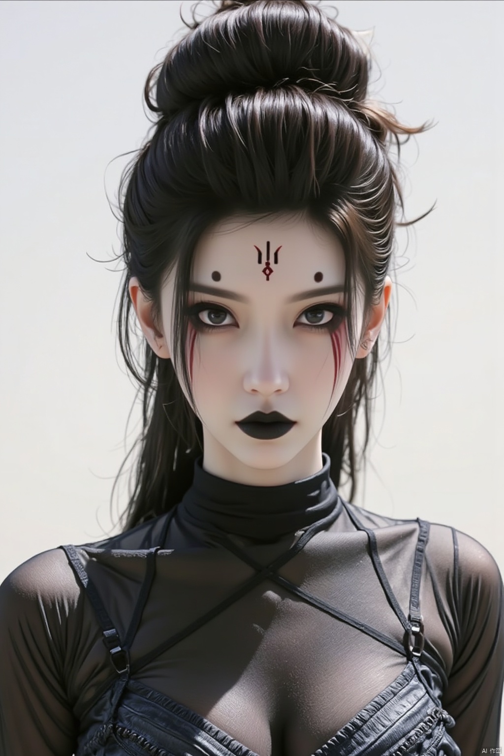 official art,1girl,solo,black hair,facial mark,looking at viewer,forehead mark,makeup,hair bun,black eyes,portrait,lipstick,simple background,black lips,bodysuit,upper body,closed,masterpiece,illustration,an extremely delicate and beautiful,extremely detailed,CG,unity,8k wallpaper,Amazing,finely detail,mouth,forehead mark,黑神话悟空蜘蛛精四妹FLUX-起风了,red forehead mark