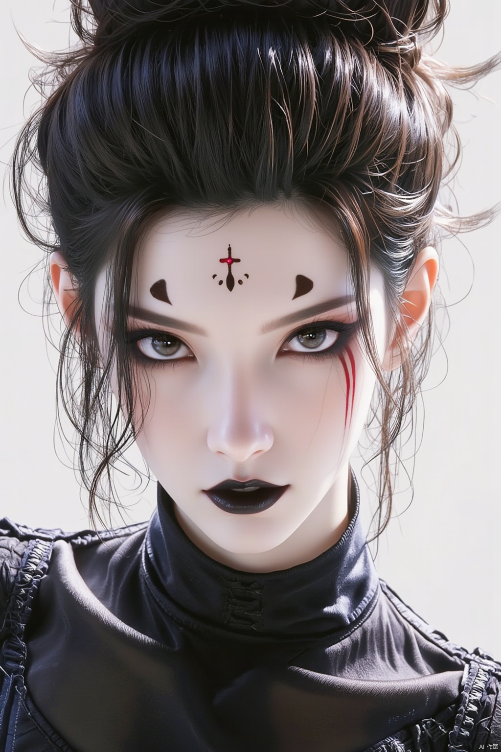 official art,1girl,solo,black hair,facial mark,looking at viewer,forehead mark,makeup,hair bun,black eyes,portrait,lipstick,simple background,black lips,bodysuit,upper body,closed,masterpiece,illustration,an extremely delicate and beautiful,extremely detailed,CG,unity,8k wallpaper,Amazing,finely detail,mouth,forehead mark,黑神话悟空蜘蛛精四妹FLUX-起风了,red forehead mark