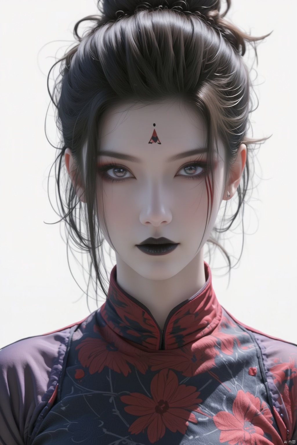 official art,1girl,solo,black hair,facial mark,looking at viewer,forehead mark,makeup,hair bun,black eyes,portrait,lipstick,simple background,black lips,bodysuit,upper body,closed,masterpiece,illustration,an extremely delicate and beautiful,extremely detailed,CG,unity,8k wallpaper,Amazing,finely detail,mouth,forehead mark,黑神话悟空蜘蛛精四妹FLUX-起风了,red forehead mark