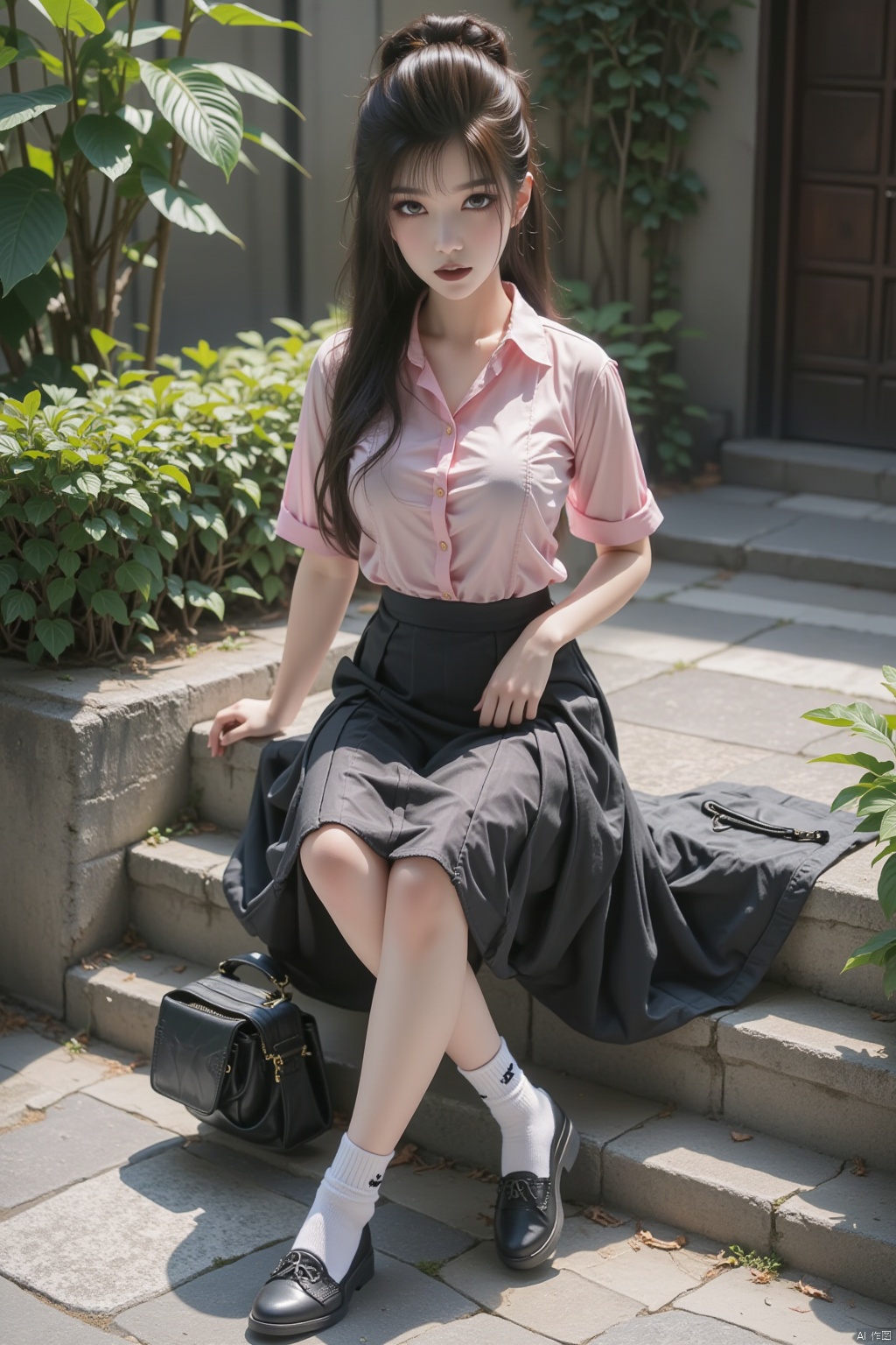  8K image., shinkai color, ((poakl)),GF,1girl, solo, long hair, looking at viewer, skirt, shirt, black hair, sitting, full body, short sleeves, pleated skirt, outdoors, shoes, socks, black skirt, bag, black footwear, black eyes, lips, leaf, white socks, pink shirt, handbag, stairs, sitting on stairs
