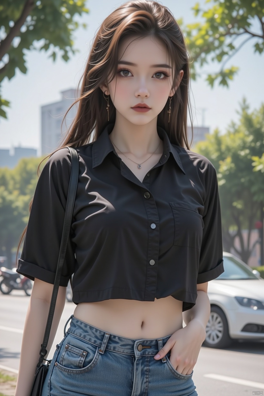  8K image., shinkai color, ((poakl)),GF,1girl, solo, long hair, breasts, looking at viewer, large breasts, brown hair, shirt, navel, brown eyes, closed mouth, standing, short sleeves, outdoors, sky, solo focus, day, midriff, pants, artist name, bag, blurry, tree, lips, crop top, hand on hip, black shirt, blurry background, thigh gap, denim, hand on own chest, ground vehicle, building, motor vehicle, jeans, handbag, city, taut clothes, car, road, taut shirt, street