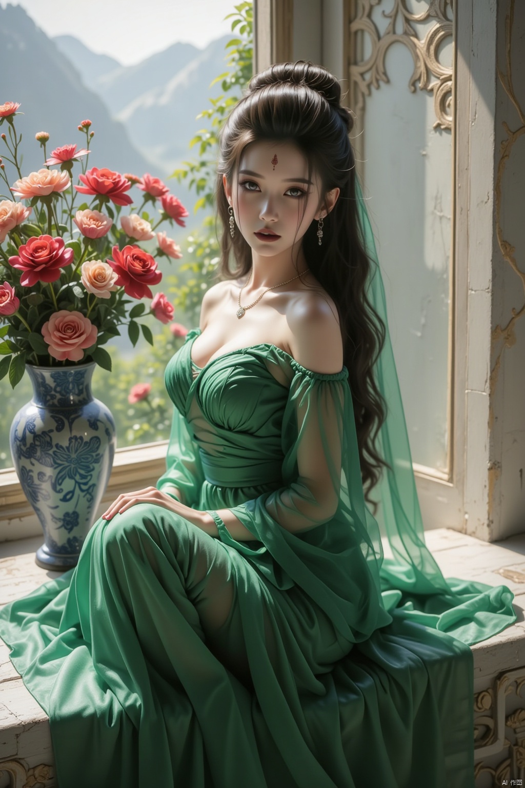 A majestic GF1 girl sits majestically on a subtle, see-through windowsill, adorned in a stunning green dress that complements the vibrant hues of the flower-adorned vase. Her long, black hair cascades down her back like a waterfall, as she gazes directly at the viewer with an air of confidence and allure. The cinematic lighting highlights the intricate details of her jewelry and the gentle curves of her breasts, while her bare feet rest elegantly on the windowsill. A small forehead mark adds to her enigmatic charm. The 8K HDR wallpaper-quality image showcases every delicate feature, as if it's a masterpiece waiting to be admired.red forehead mark