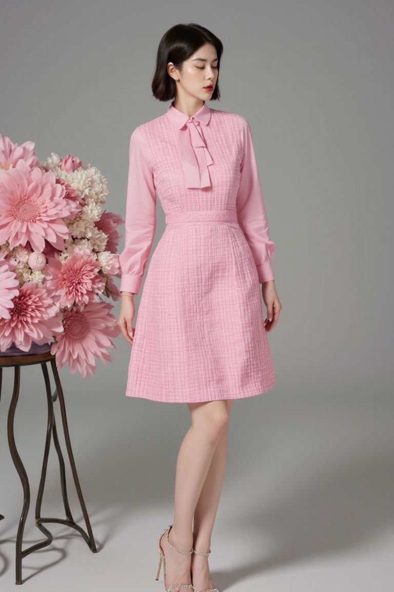 a woman stands against a flowers backdrop. She is dressed in a pink checkered dress,  adorned with a pink collared shirt a...