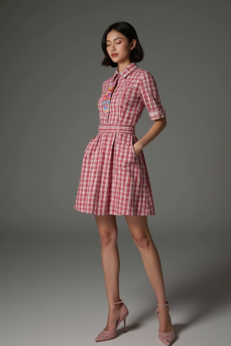 A woman stands serenely in a luxury hotel room,  radiating luxury style. She dons a striking mix color checkered dress,  p...