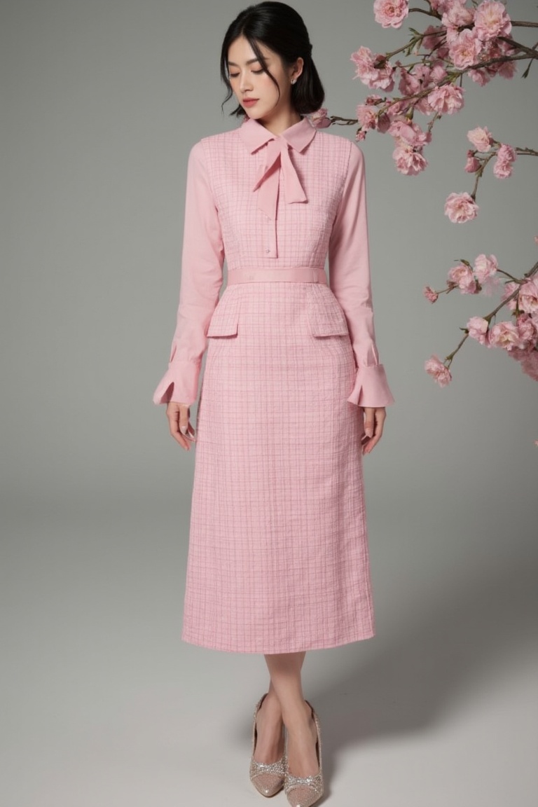 a woman stands against a flowers backdrop. She is dressed in a pink checkered dress,  adorned with a pink collared shirt a...