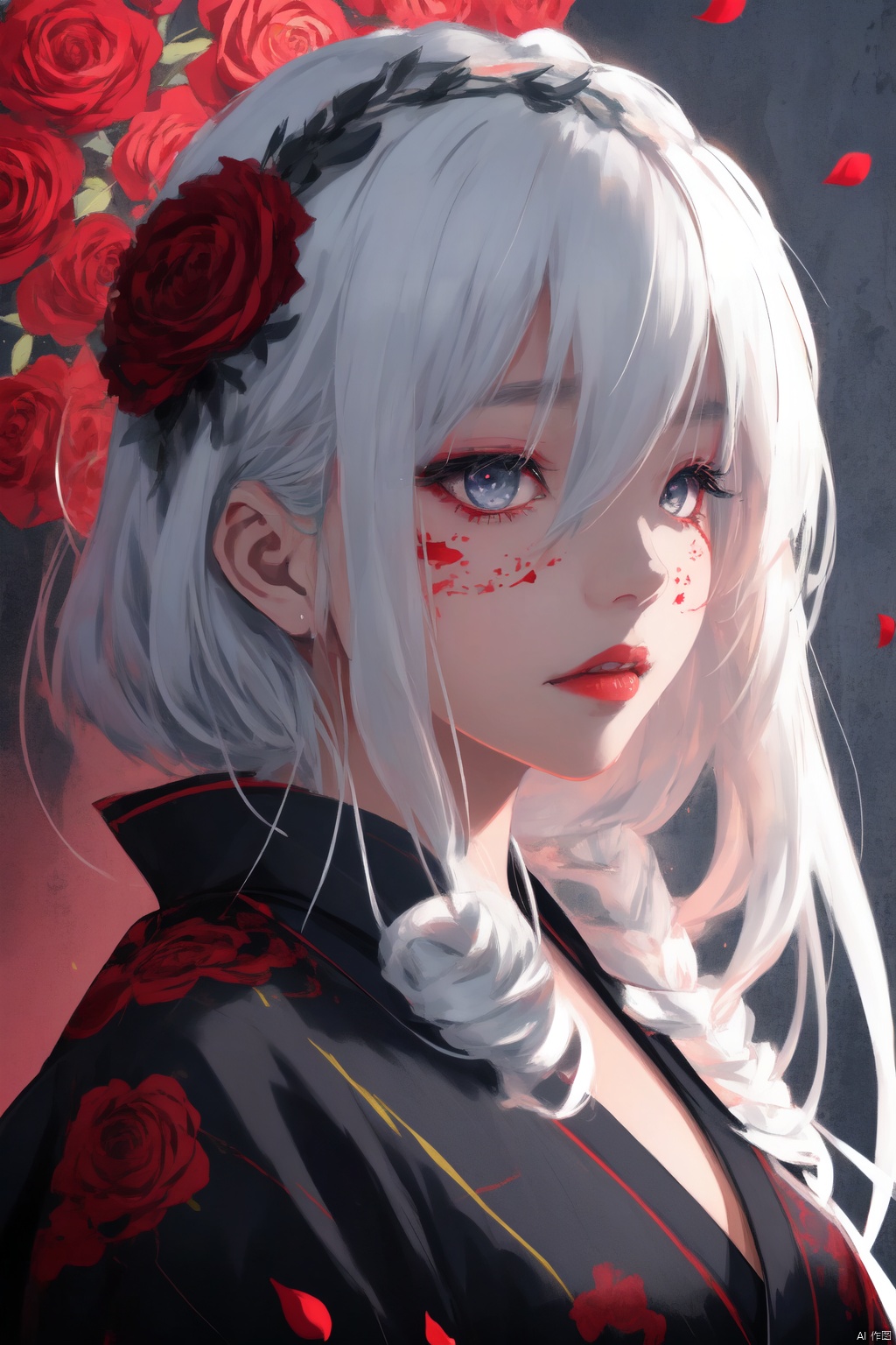 A young Asian woman wearing a flower wreath,An Acrylic style painting that is expressive, gives it a dynamic and emotional quality.a woman with a ethereal red and blue mist surrounding her body. The mist creates a dramatic and surreal effect. A red flower, that is blooming, covering one eye, attached to the face. The woman has a cold aesthetic, complimented by her white hair. Anime art of woman draped in shadows with a lighting that enhances her sexy unique features. with a black kimono adorned with flowers. The background is blurred The background is a wall with Chinese characters written on it creating a stark contrast to the woman's outfit. filled with red rose petals.
