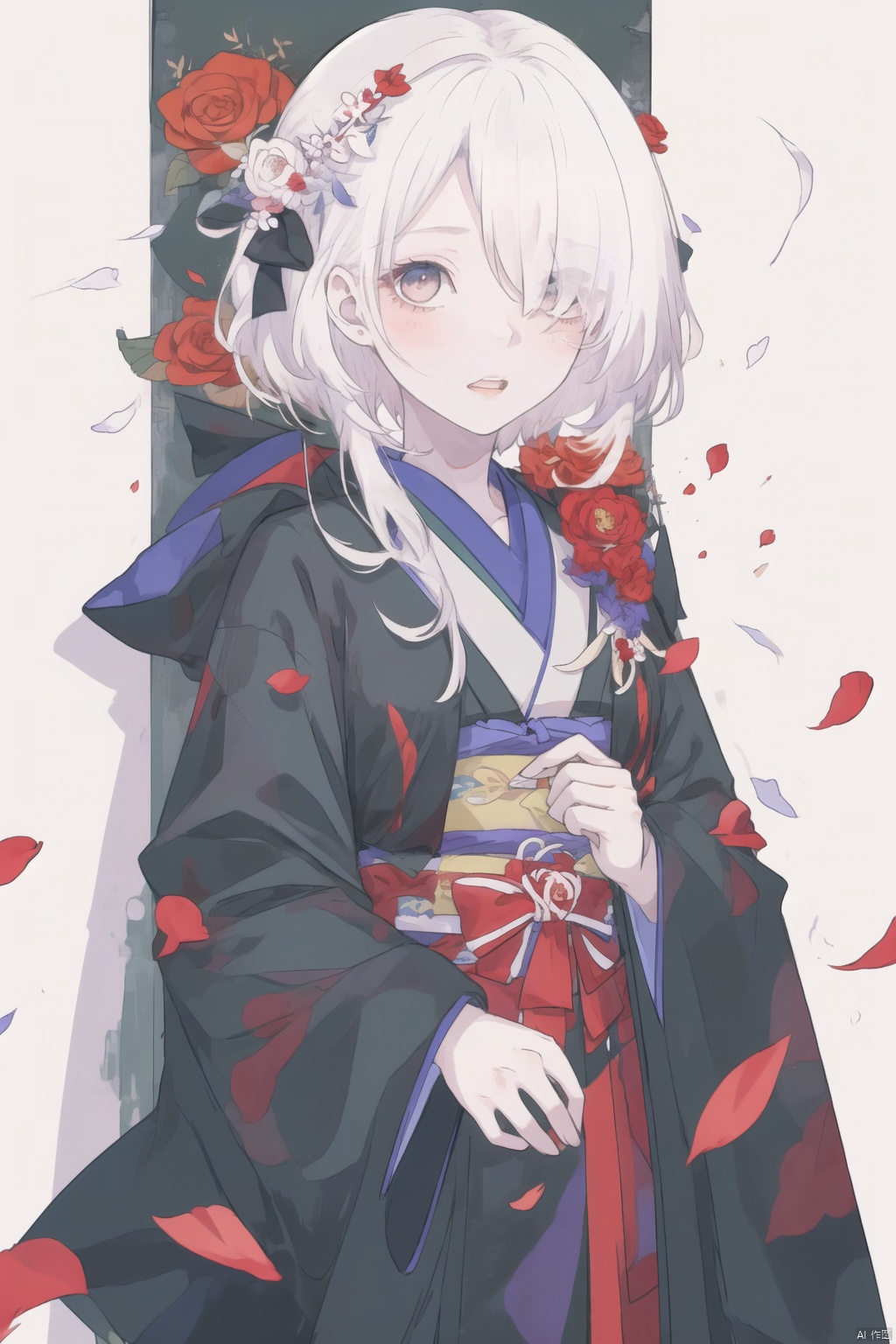A young Asian woman wearing a flower wreath,An Acrylic style painting that is expressive, gives it a dynamic and emotional quality.a woman with a ethereal red and blue mist surrounding her body. The mist creates a dramatic and surreal effect. A red flower, that is blooming, covering one eye, attached to the face. The woman has a cold aesthetic, complimented by her white hair. Anime art of woman draped in shadows with a lighting that enhances her sexy unique features. with a black kimono adorned with flowers. The background is blurred The background is a wall with Chinese characters written on it creating a stark contrast to the woman's outfit. filled with red rose petals.