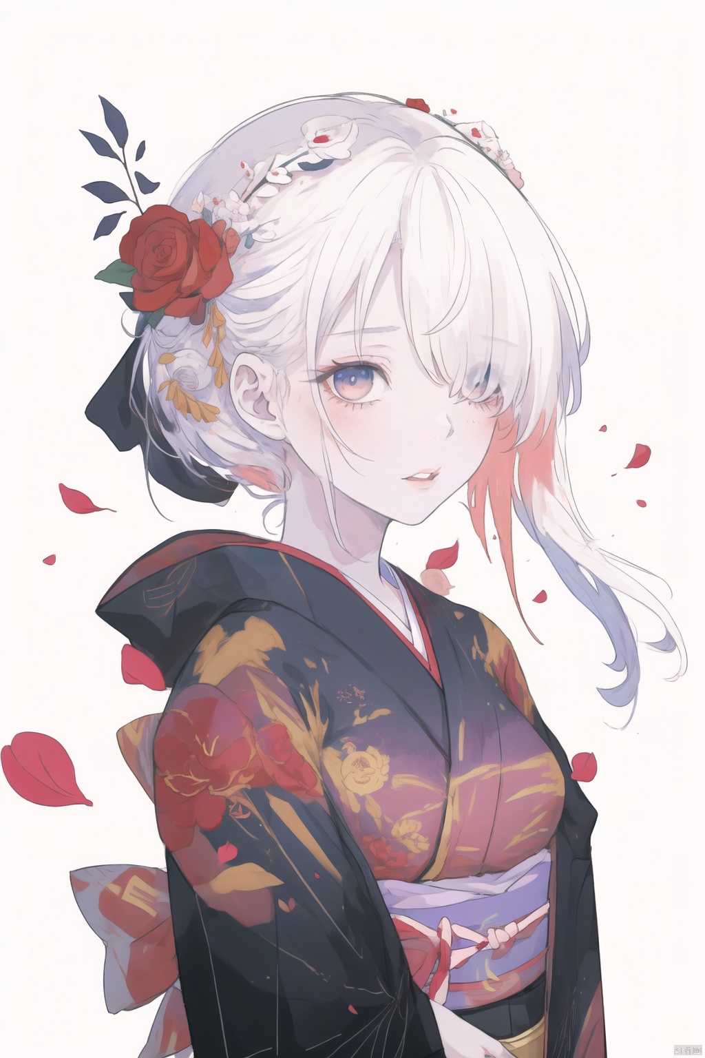 A young Asian woman wearing a flower wreath,An Acrylic style painting that is expressive, gives it a dynamic and emotional quality.a woman with a ethereal red and blue mist surrounding her body. The mist creates a dramatic and surreal effect. A red flower, that is blooming, covering one eye, attached to the face. The woman has a cold aesthetic, complimented by her white hair. Anime art of woman draped in shadows with a lighting that enhances her sexy unique features. with a black kimono adorned with flowers. The background is blurred The background is a wall with Chinese characters written on it creating a stark contrast to the woman's outfit. filled with red rose petals.