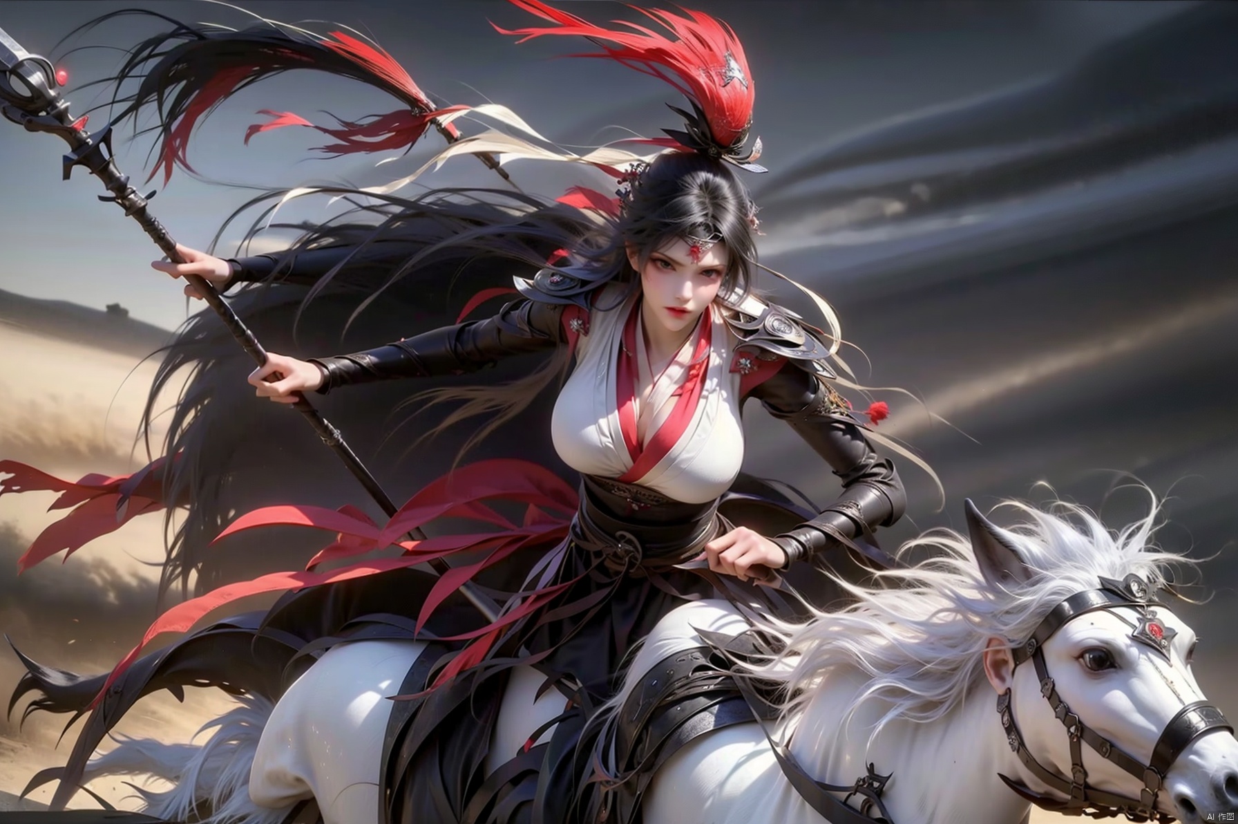 1girl solo long hair black hair holding weapon japanese clothes holding weapon armor headband polearm spear realistic riding horse horseback riding