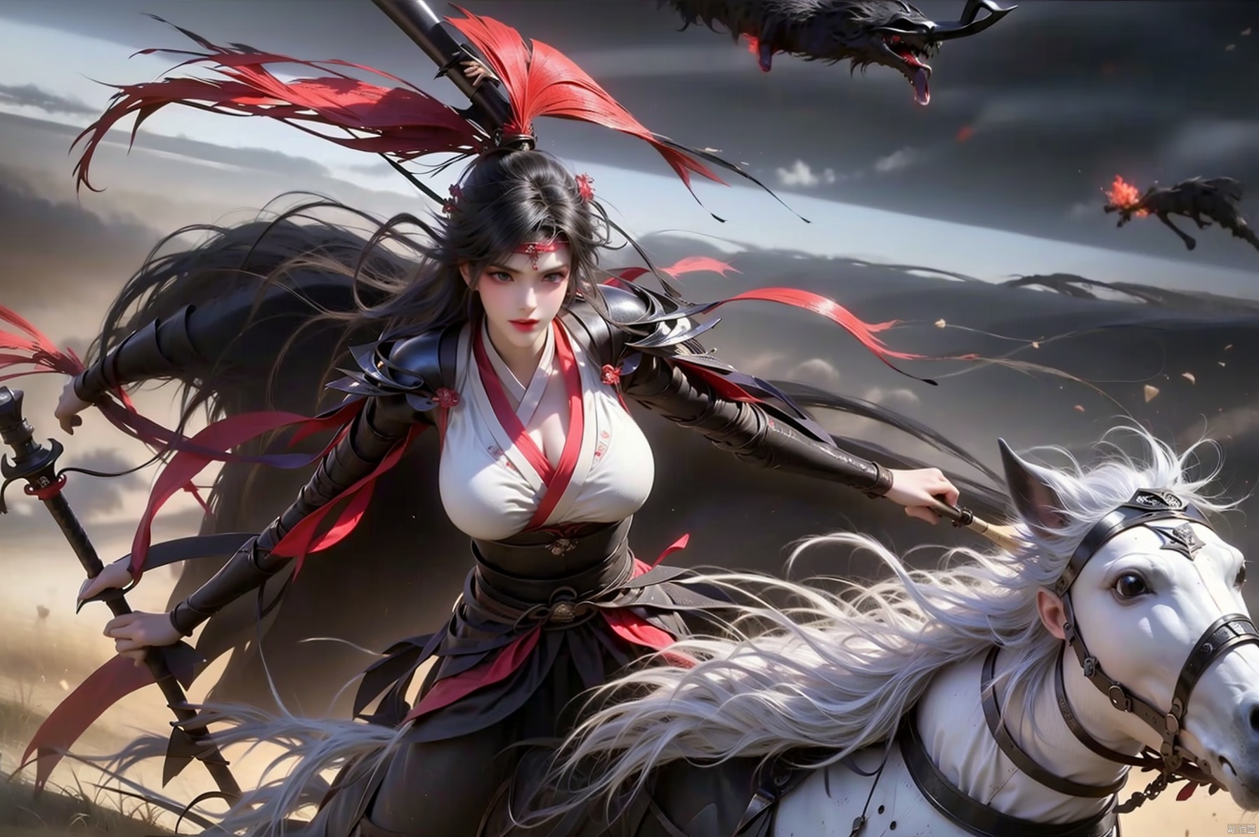 1girl solo long hair black hair holding weapon japanese clothes holding weapon armor headband polearm spear realistic riding horse horseback riding