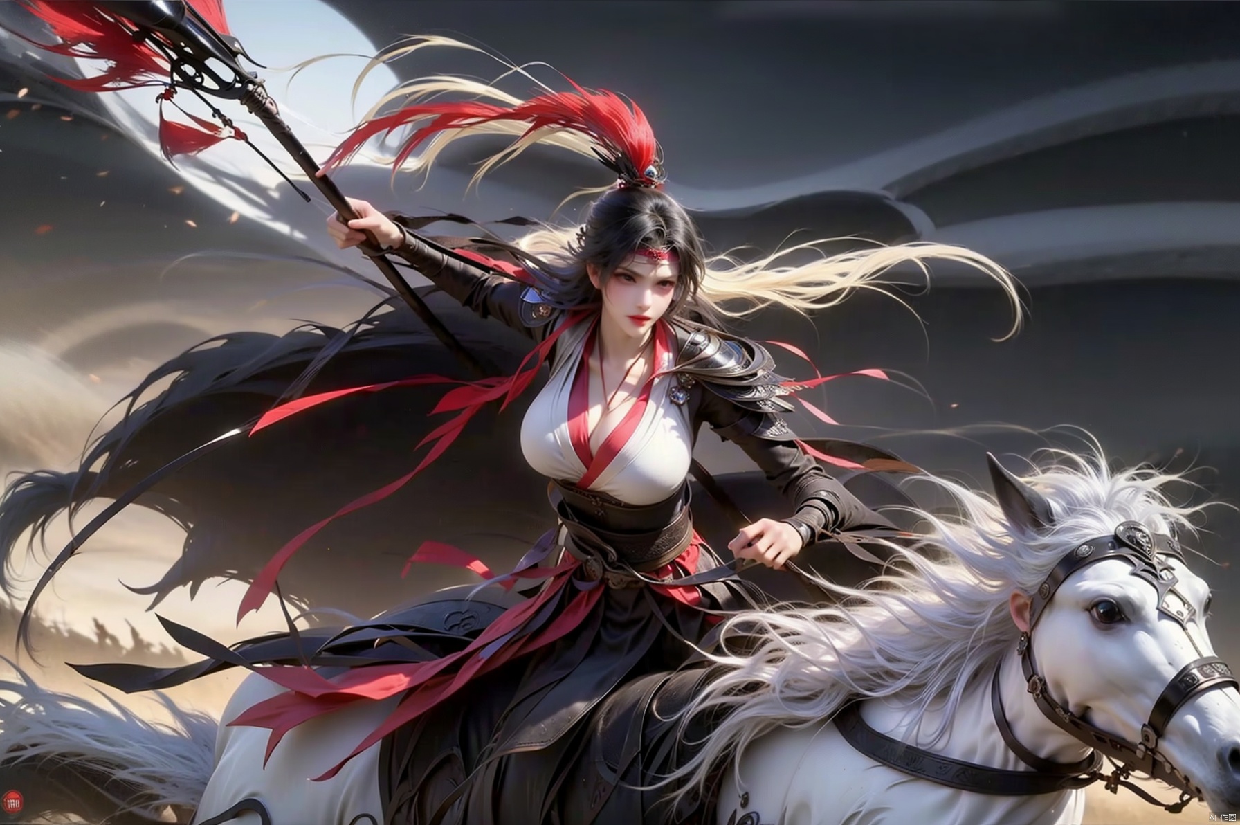 1girl solo long hair black hair holding weapon japanese clothes holding weapon armor headband polearm spear realistic riding horse horseback riding