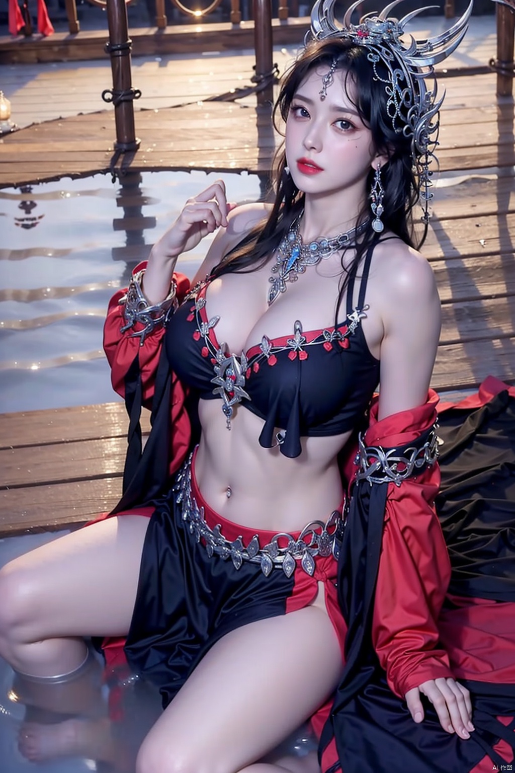 1girl solo long hair black hair hair ornament navel jewelry sitting midriff water bare legs soaking feet