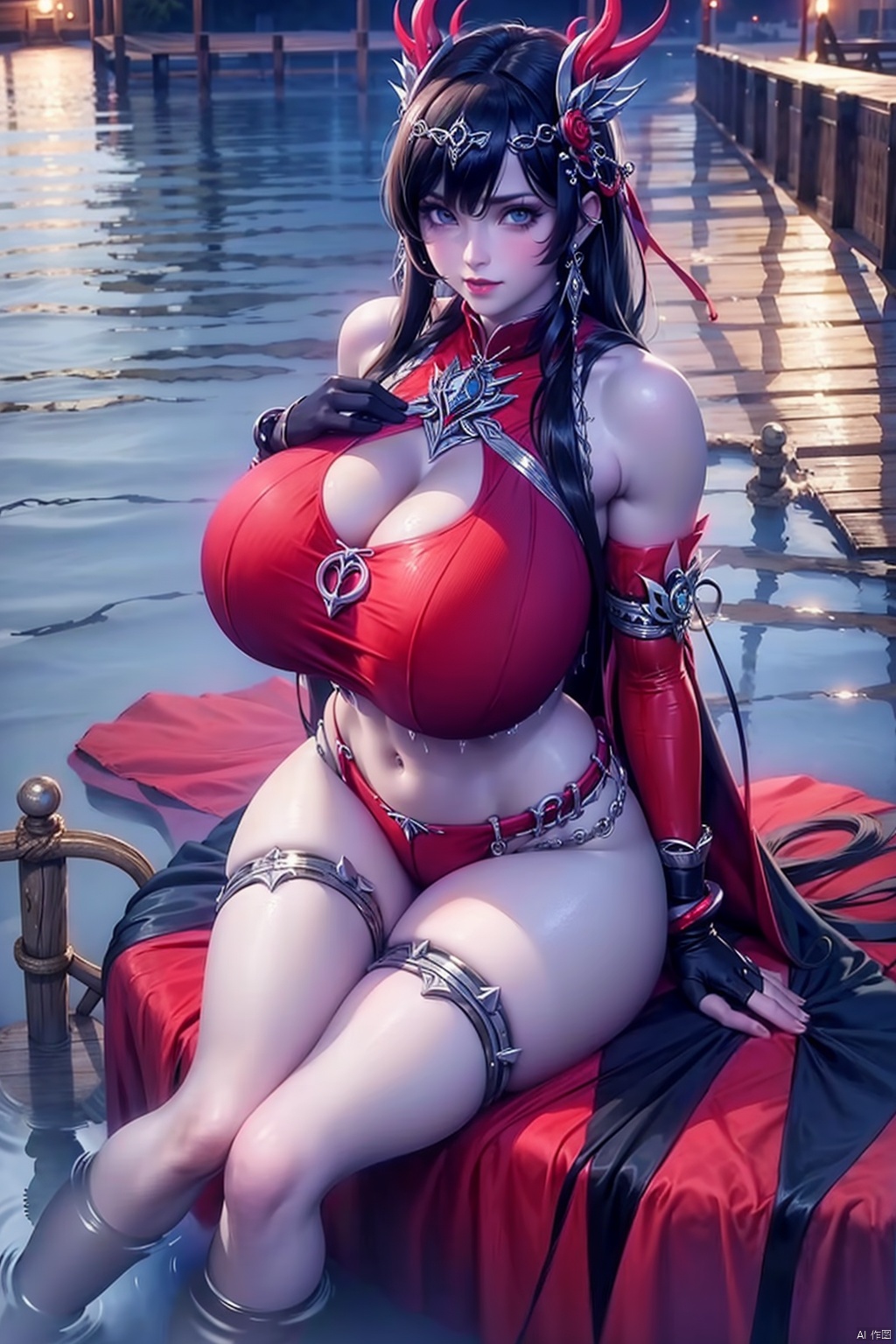 1girl solo long hair black hair hair ornament navel jewelry sitting midriff water bare legs soaking feet