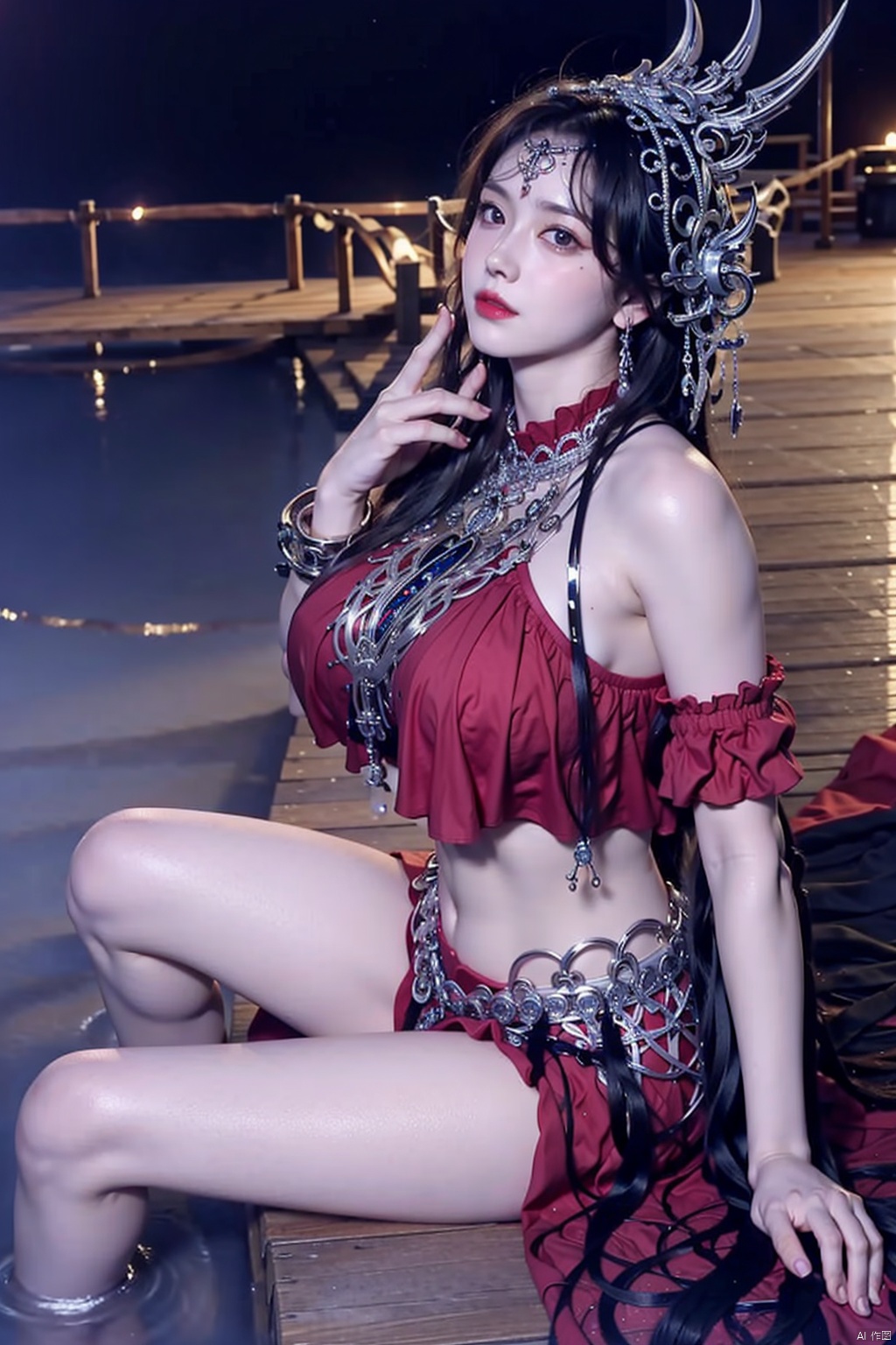 1girl solo long hair black hair hair ornament navel jewelry sitting midriff water bare legs soaking feet