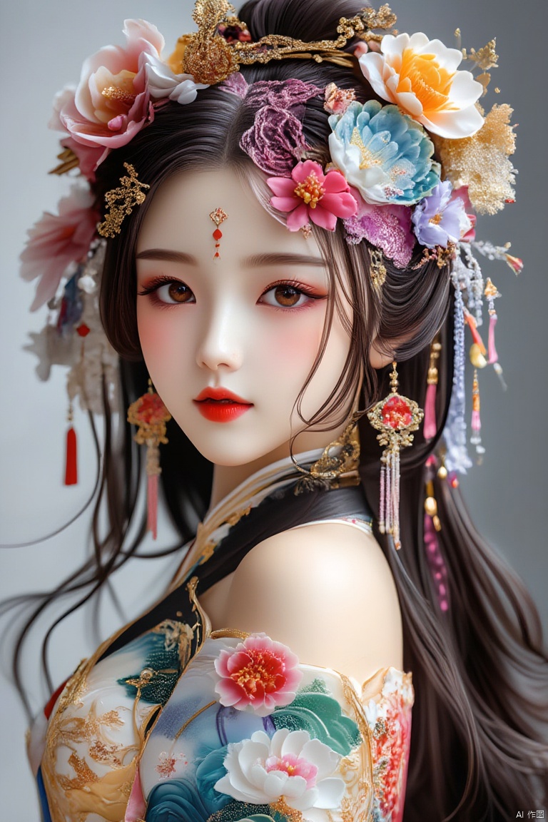 1girl, flower, hair ornament, hair flower, solo, earrings, jewelry, chinese clothes, looking at viewer, forehead mark, black hair, long hair, makeup, brown eyes, red lips, facial mark