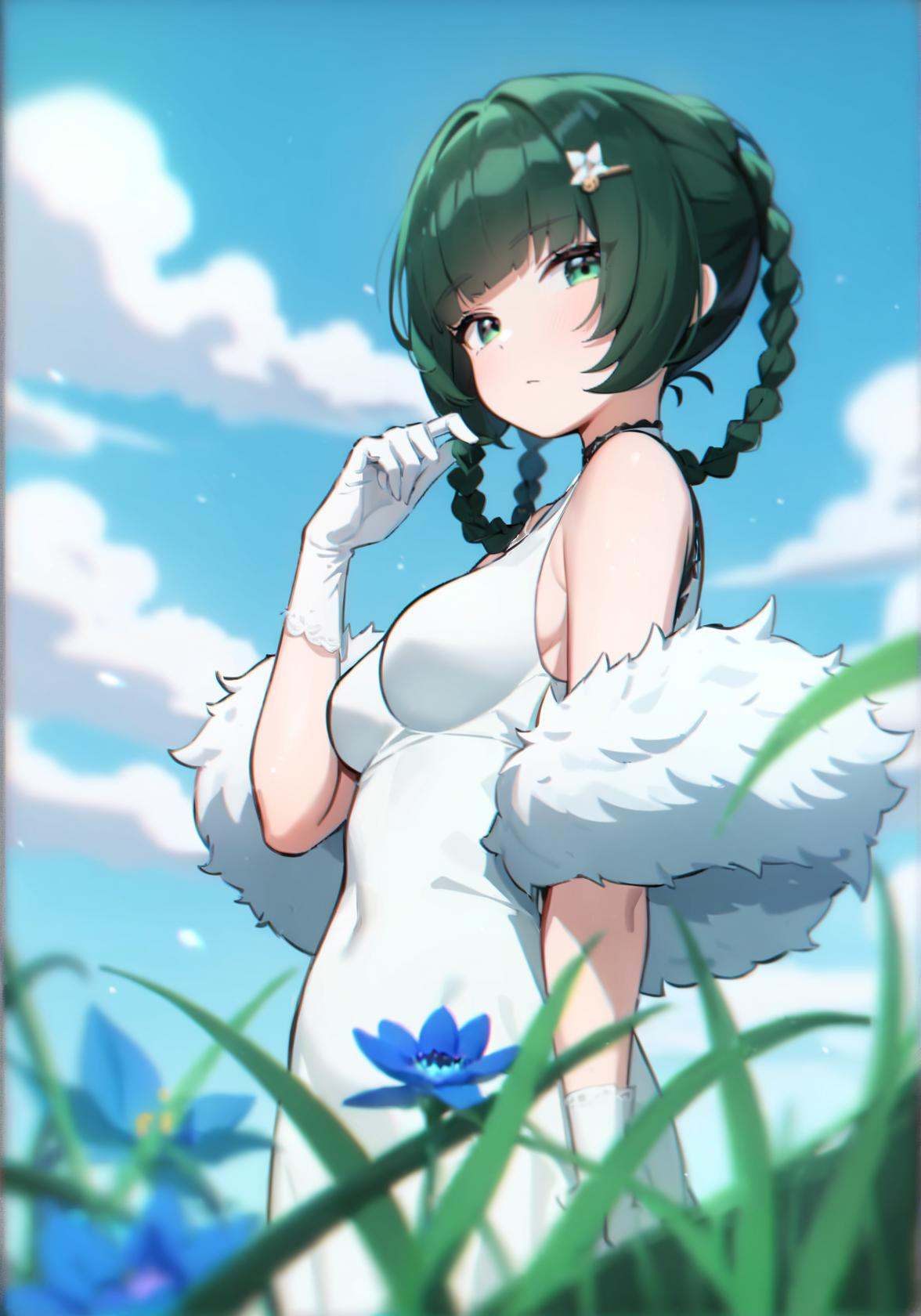 8k, best quality, masterpiece, (ultra-detailed), (high detailed skin),  <lora:qinyi-a3-Tanger:0.8>, qinyi, 1girl, solo, green hair, green eyes, navel, long hair, bangs, qinyi, 1girl, solo, dress, outdoors, gloves, braid, white dress, black hair, white gloves, sky, looking at viewer, sleeveless dress, bangs, day, official alternate costume, sleeveless, blue sky, cloud, twin braids, flower, blurry, blurry foreground, bare shoulders, blunt bangs, hair ornament, feather boa, blue flower, green eyes, hand up, breasts, grass