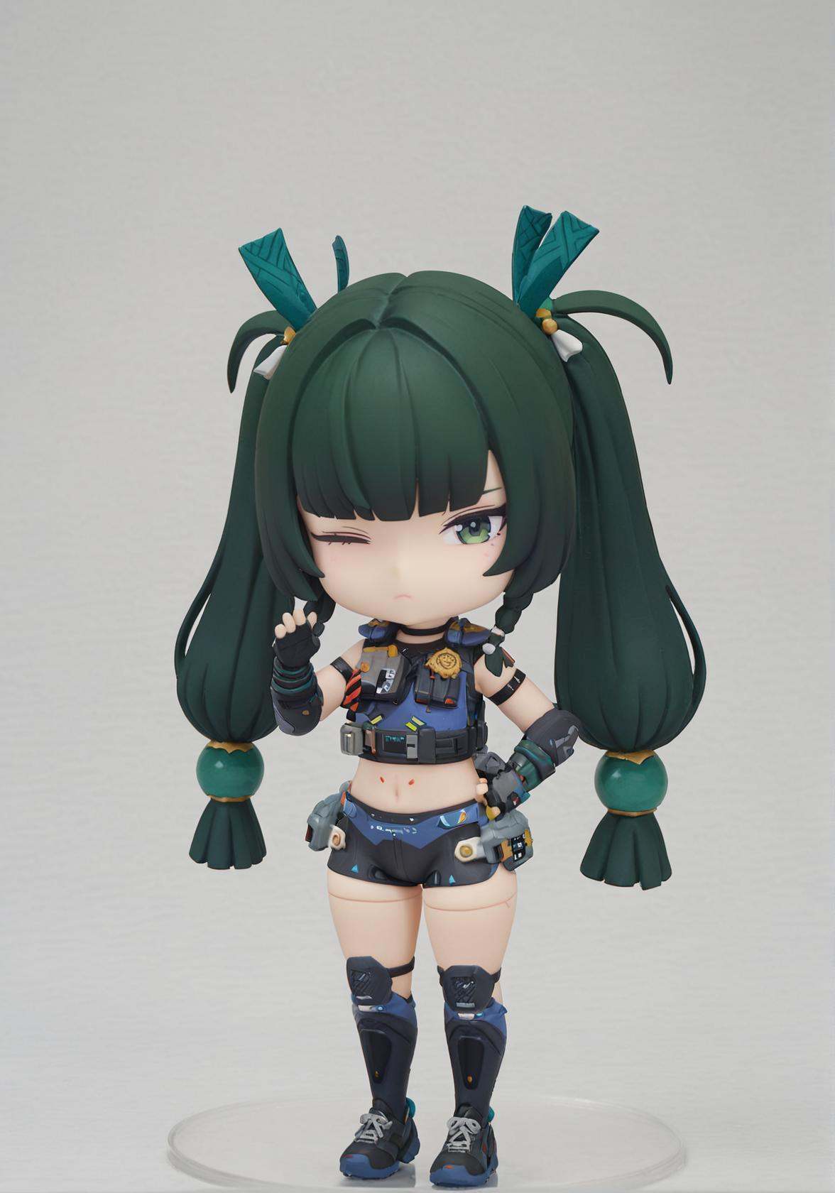 8k, best quality, masterpiece, (ultra-detailed), (high detailed skin), white background, simple background, looking at viewer, <lora:qinyi-a3-Tanger:0.8>, chibi, qinyi, default clothes, 1girl, solo, green hair, one eye closed, green eyes, twintails, navel,   long hair, bangs, shortsbeautiful_face, intricate_detail, clear face, finely_detailed, fine_fabric_emphasis, full_shot, <lora:xl_figure style(kohaku_Delta)6:0.8>, figure style, photorealistic, photo \(medium\), 