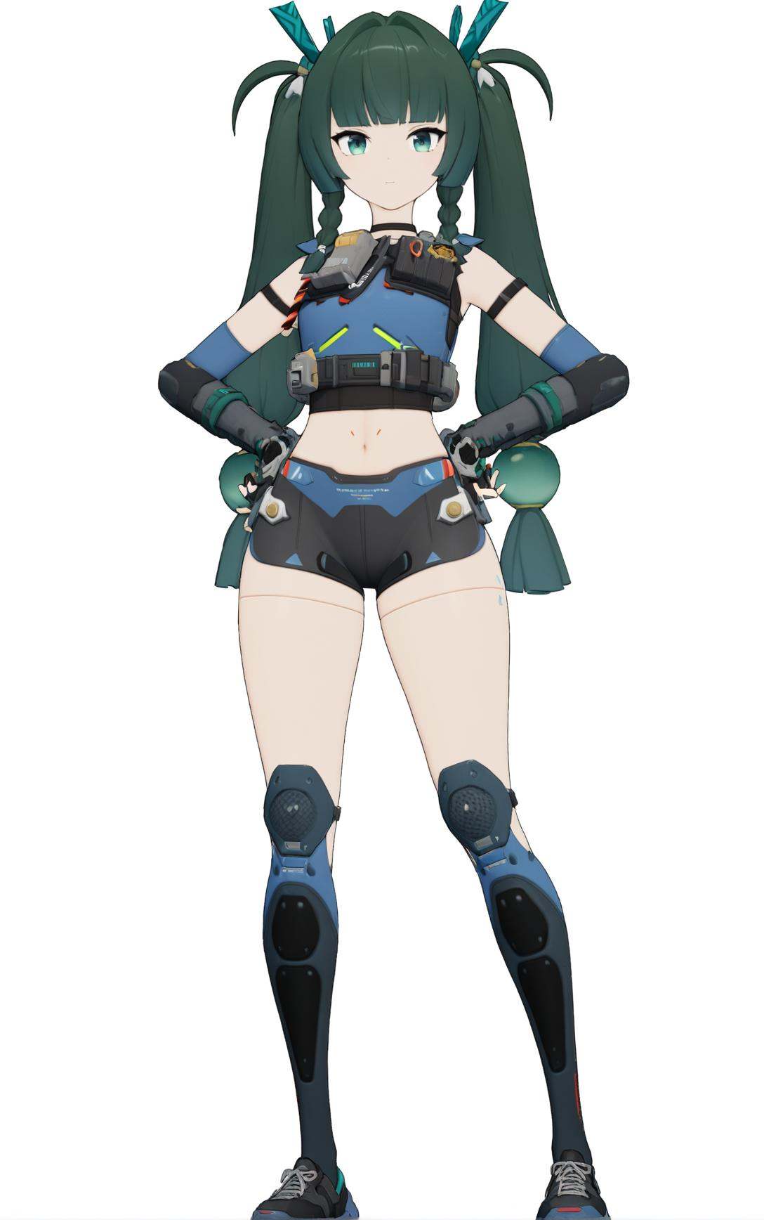 8k, best quality, masterpiece, (ultra-detailed), (high detailed skin), (white background:1.3), vivid color, (full body:1.25), (white background), standing, looking at viewer, (solo:1.3), hands on hips, completely  white background, <lora:qinyi-a3-Tanger:0.8>, qinyi, default clothes, 1girl, long hair, fingerless gloves, robot joints, shorts, navel, twintails, (beautiful_face), ((intricate_detail)), clear face, ((finely_detailed)), fine_fabric_emphasis, ((glossy)), full_shot, 