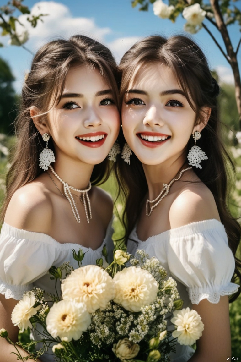 2个女孩、耳环、花丛、写实、瞪大眼睛、睫毛、中午、公园、Hello Kitty、蓝天、虎牙、嘴巴张大