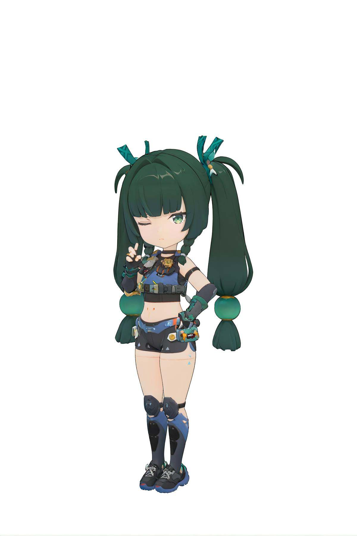 score_9, score_8_up, score_7_up, score_anime, nai3, <lora:YLI 0.1v:0.5>, <lora:style1:0.5>, 8k, best quality, masterpiece, (ultra-detailed), (high detailed skin), (white background:1.1), vivid color, (full body:1.25), (white background), standing, looking at viewer, (solo:1.3), <lora:qinyi-atw-Tanger:0.7>, (chibi:1.2), qinyi, default clothes, 1girl, solo, green hair, one eye closed, green eyes, twintails, navel, long hair, bangs, shorts, beautiful_face, intricate_detail, clear face, finely_detailed, fine_fabric_emphasis, full_shot, <lora:xl_figure style(kohaku_Delta)6:0.8>, figure style, photorealistic, photo \(medium\), 