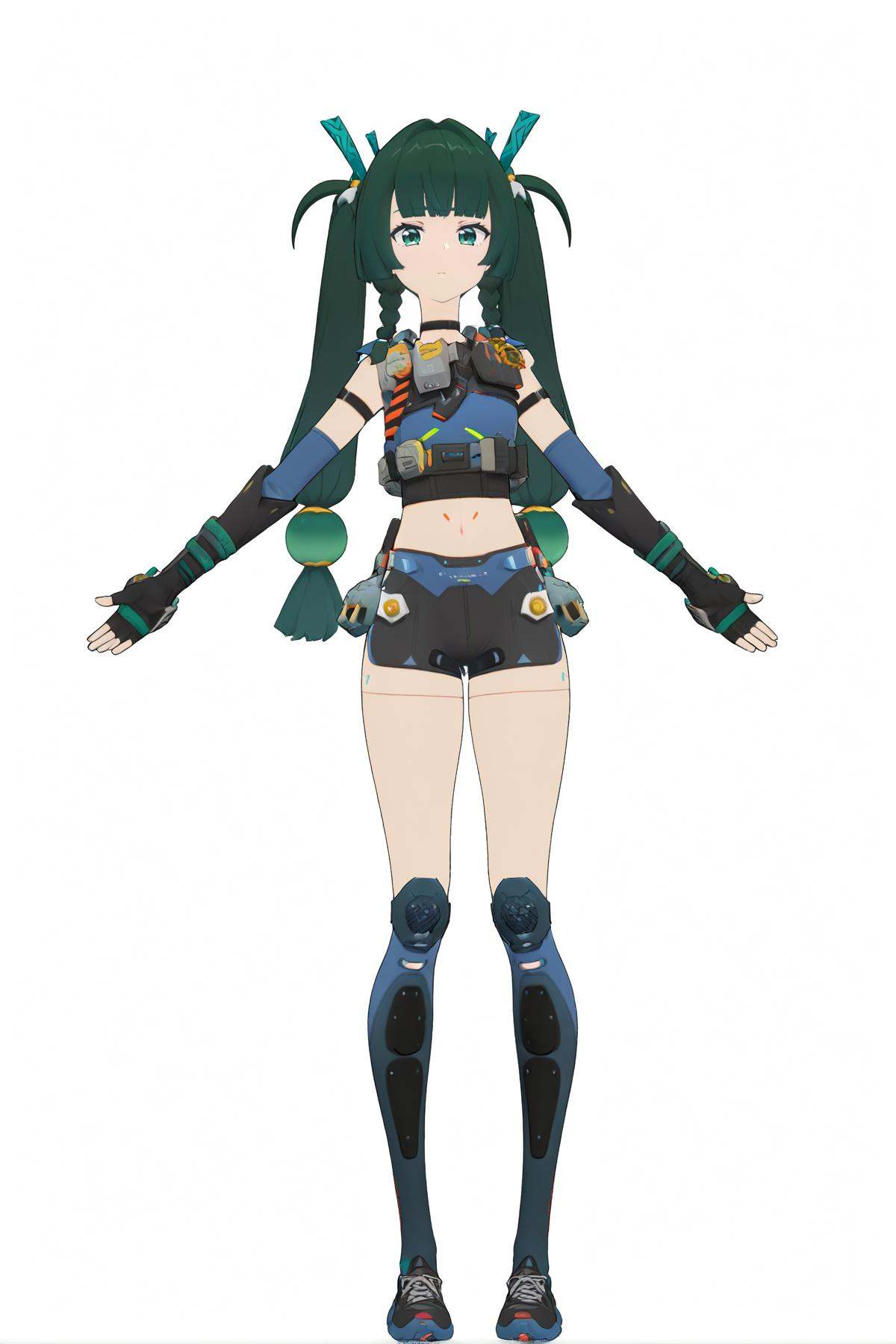 score_9, score_8_up, score_7_up, score_anime, nai3, <lora:YLI 0.1v:0.5>, <lora:style1:0.5>, 8k, best quality, masterpiece, (ultra-detailed), (high detailed skin), (white background:1.3), vivid color, (full body:1.25), (white background), standing, looking at viewer, (solo:1.3), <lora:qinyi-atw-Tanger:0.8>, qinyi, default clothes, 1girl, long hair, fingerless gloves, robot joints, shorts, navel, twintails, (beautiful_face), ((intricate_detail)), clear face, 