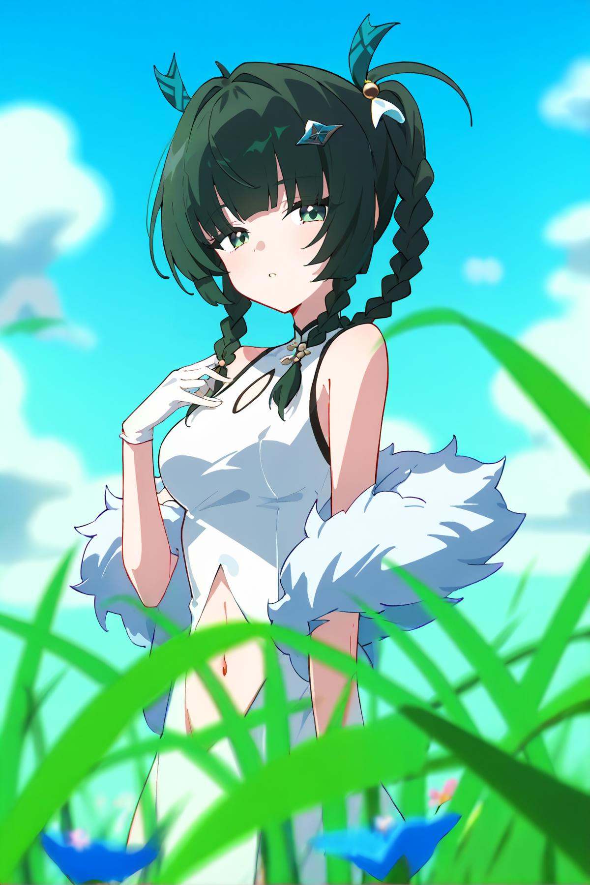 score_9, score_8_up, score_7_up, score_anime, nai3, <lora:YLI 0.1v:0.5>, <lora:style1:0.5>, 8k, best quality, masterpiece, (ultra-detailed), <lora:qinyi-atw-Tanger:0.8>, qinyi, 1girl, solo, green hair, green eyes, navel, long hair, bangs, qinyi, 1girl, solo, dress, outdoors, gloves, braid, white dress, black hair, white gloves, sky, looking at viewer, sleeveless dress, bangs, day, official alternate costume, sleeveless, blue sky, cloud, twin braids, flower, blurry, blurry foreground, bare shoulders, blunt bangs, hair ornament, feather boa, blue flower, green eyes, hand up, breasts, grass, 