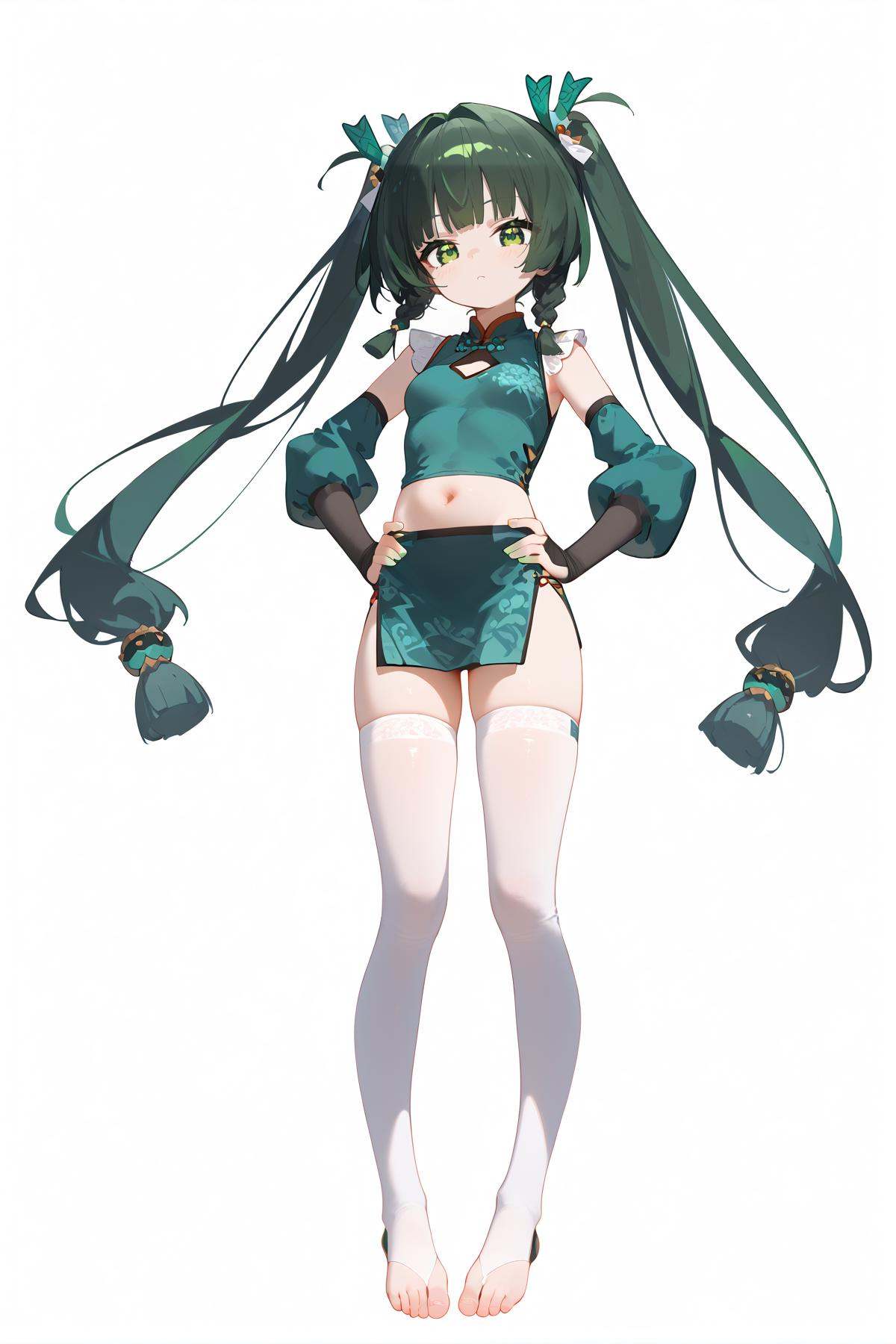 score_9, score_8_up, score_7_up, score_anime, nai3, <lora:YLI 0.1v:0.5>, <lora:style1:0.5>, 8k, best quality, masterpiece, (ultra-detailed), (white background,simple background), solo, (hands on hip:1.1), (full body:1.1), looking at viewer, <lora:qinyi-pony-Tanger:0.8>, qinyi, 1girl, solo, green hair, green eyes, twintails, navel, long hair, bangs, thighhighs, toeless legwear, white thighhighs, small breasts, feet, chinese clothes, toes, bangs, 