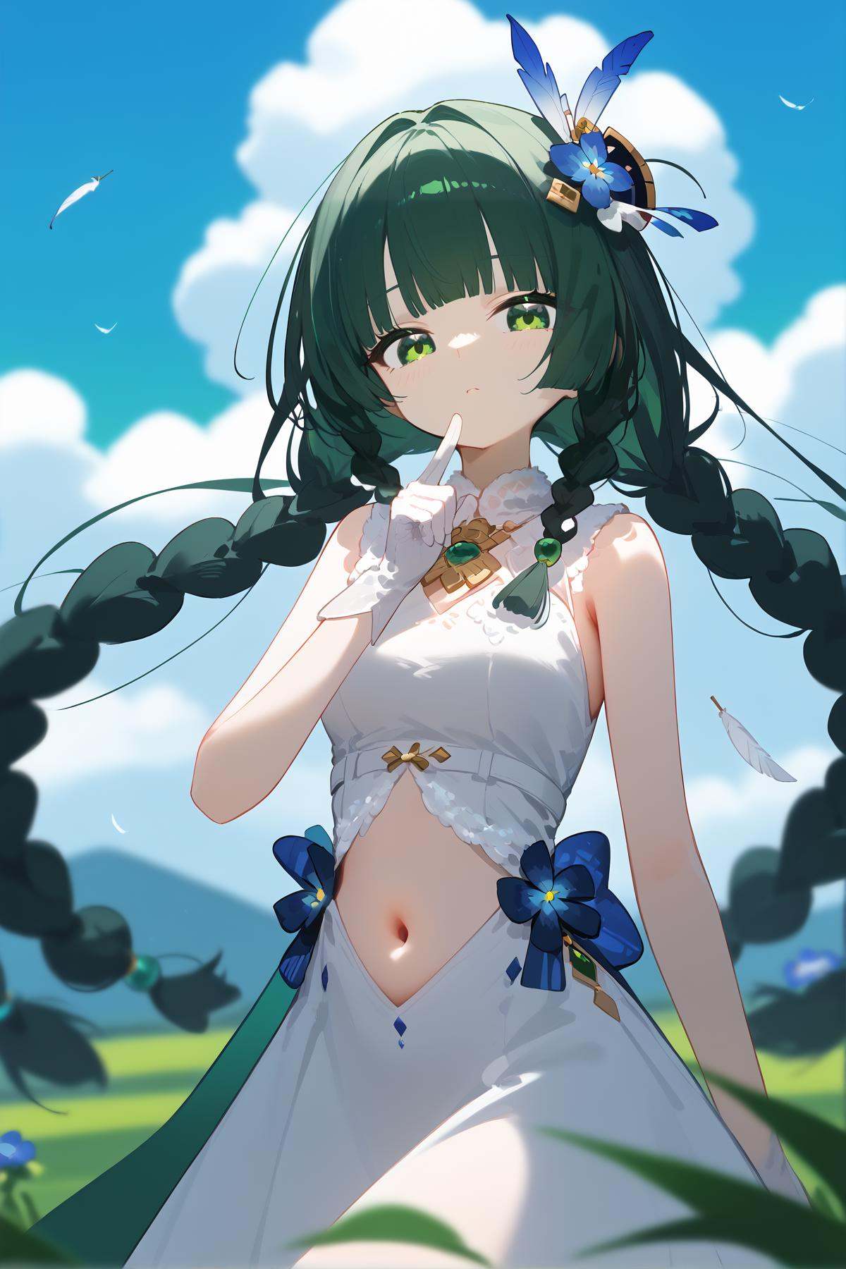 score_9, score_8_up, score_7_up, score_anime, nai3, <lora:YLI 0.1v:0.5>, <lora:style1:0.5>, 8k, best quality, masterpiece, (ultra-detailed),  <lora:qinyi-pony-Tanger:0.8>, qinyi, 1girl, solo, green hair, green eyes, navel, long hair, bangs, qinyi, 1girl, solo, dress, outdoors, gloves, braid, white dress, black hair, white gloves, sky, looking at viewer, sleeveless dress, bangs, day, official alternate costume, sleeveless, blue sky, cloud, twin braids, flower, blurry, blurry foreground, bare shoulders, blunt bangs, hair ornament, feather boa, blue flower, green eyes, hand up, breasts, grass