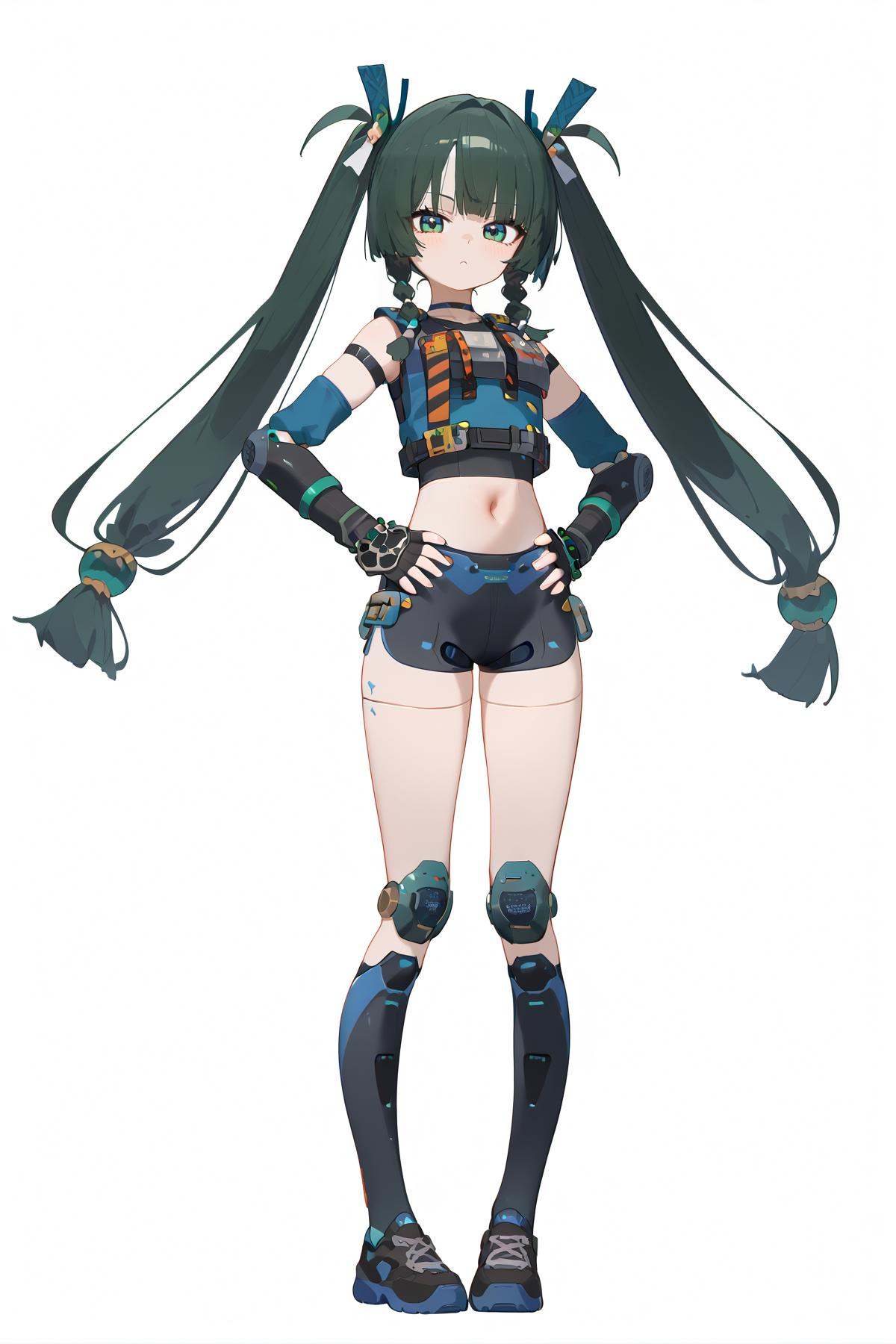 score_9, score_8_up, score_7_up, score_anime, nai3, <lora:YLI 0.1v:0.5>, <lora:style1:0.5>, 8k, best quality, masterpiece, (ultra-detailed), (white background,simple background), solo, (hands on hip:1.1), (full body:1.1), looking at viewer, <lora:qinyi-pony-Tanger:0.8>, qinyi, default clothes, 1girl, long hair, fingerless gloves, robot joints, shorts, navel, twintails, 
