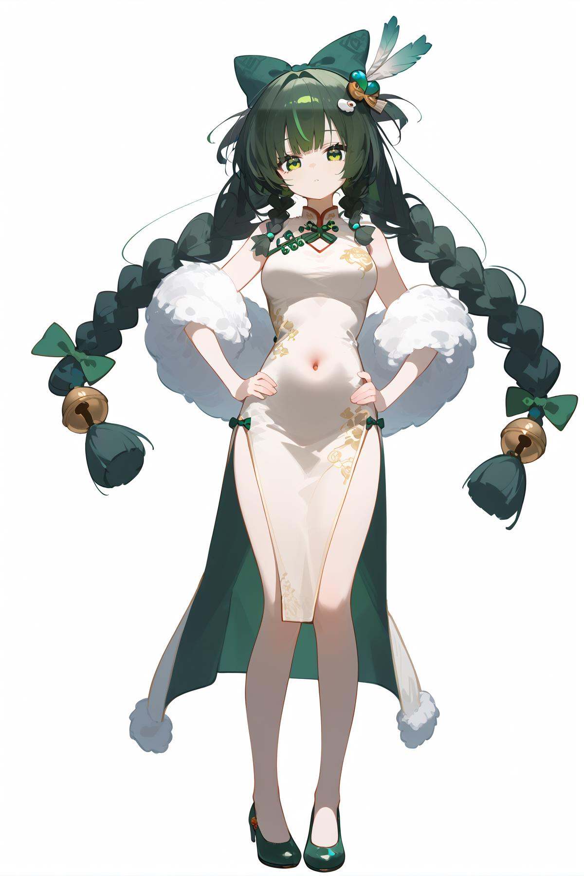 score_9, score_8_up, score_7_up, score_anime, nai3, <lora:YLI 0.1v:0.5>, <lora:style1:0.5>, 8k, best quality, masterpiece, (ultra-detailed), (white background,simple background), solo, (hands on hip:1.1), (full body:1.1), looking at viewer, <lora:qinyi-pony-Tanger:0.8>,qinyi, 1girl, solo, green hair, green eyes, navel, long hair, bangs,   dress,   twin braids, chinese clothes, beads, china dress, looking at viewer, hair ornament, white dress, jewelry, hand on own chest, bow, bangs, long hair, hair bow, green bow, bell,  breasts, feather boa