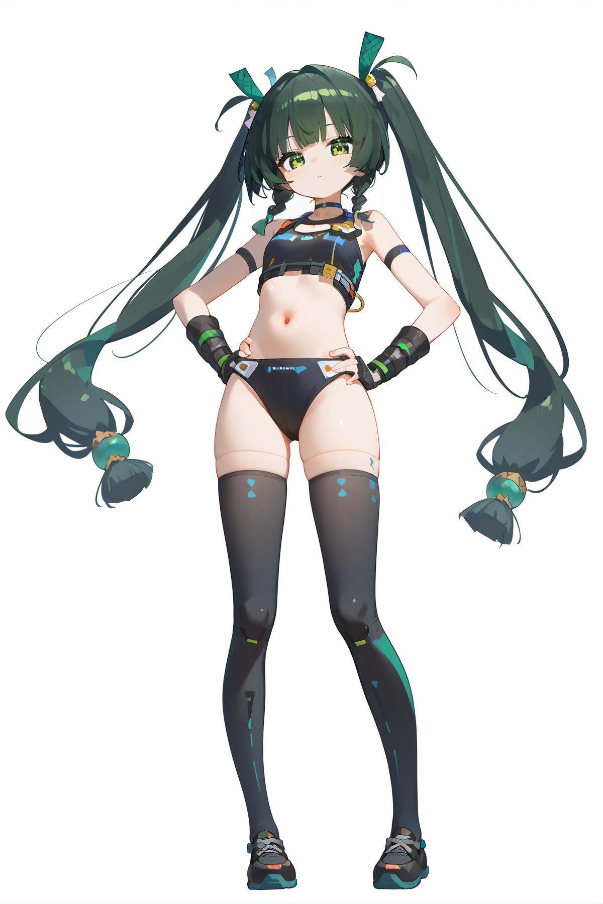 score_9, score_8_up, score_7_up, score_anime, nai3, <lora:YLI 0.1v:0.5>, <lora:style1:0.5>, 8k, best quality, masterpiece, (ultra-detailed), (white background,simple background), solo, (hands on hip:1.1), (full body:1.1), looking at viewer, <lora:qinyi-pony-Tanger:0.8>,qinyi, 1girl, solo, green hair, green eyes, twintails, navel, long hair, bangs, swimsuit, navel, twintails, thighhighs,  black hair, bikini,