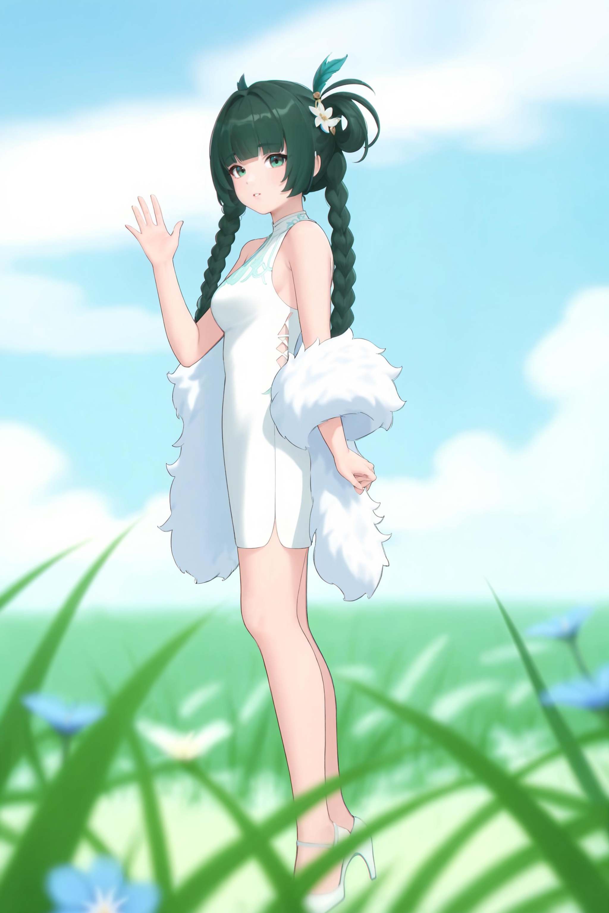8k, best quality, masterpiece, (ultra-detailed), (high detailed skin), (white background:1.1), vivid color, realistic, (full body:1.25), (white background), standing, looking at viewer, (solo:1.3), <lora:qinyi-atw-Tanger:0.7>, qinyi, 1girl, solo, green hair, green eyes, long hair, bangs, qinyi, 1girl, solo, dress, outdoors, gloves, braid, white dress, black hair, white gloves, sky, looking at viewer, sleeveless dress, bangs, day, official alternate costume, sleeveless, blue sky, cloud, twin braids, flower, blurry, blurry foreground, bare shoulders, blunt bangs, hair ornament, feather boa, blue flower, green eyes, hand up, breasts, grass, 
