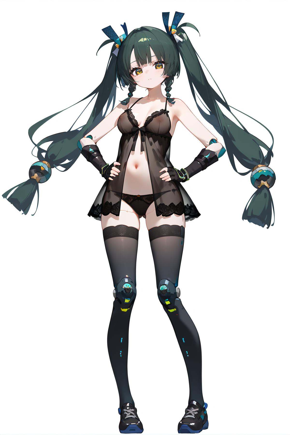 score_9, score_8_up, score_7_up, score_anime, nai3, <lora:YLI 0.1v:0.5>, <lora:style1:0.5>, 8k, best quality, masterpiece, (ultra-detailed), (white background,simple background), solo, (hands on hip:1.1), (full body:1.1), looking at viewer, <lora:qinyi-pony-Tanger:0.8>, qinyi, 1girl, long hair, fingerless gloves, robot joints, navel, twintails, lace-trimmed legwear, babydoll, medium breasts, breasts, covered nipples, 