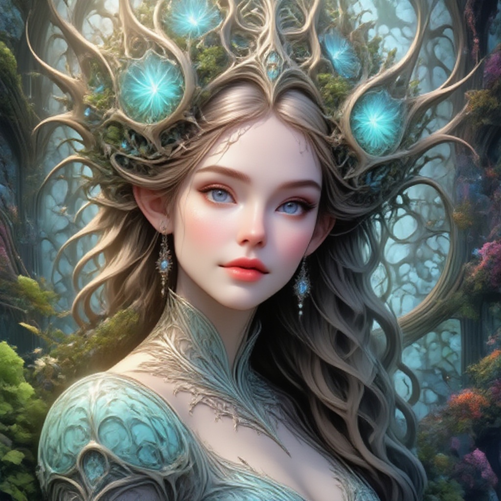 ElfFractalArt,A  portrait of a young woman with wavy brown hair, soft lighting illuminating her face, wearing a light blue dress. The background is a blurred nature setting with soft bokeh effect, emphasizing her gentle smile and captivating green eyes.
