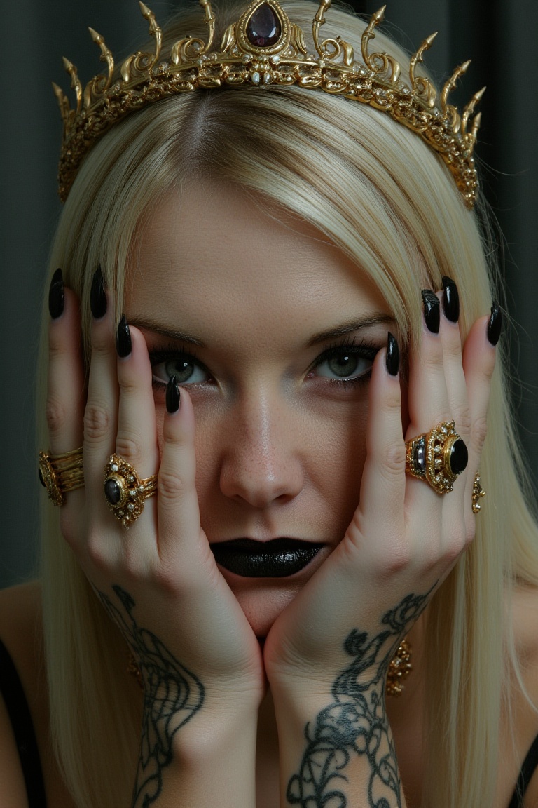The image portrays a mysterious woJ3w3l with intense,  piercing eyes framed by dramatic black eyeliner and thick lashes. S...