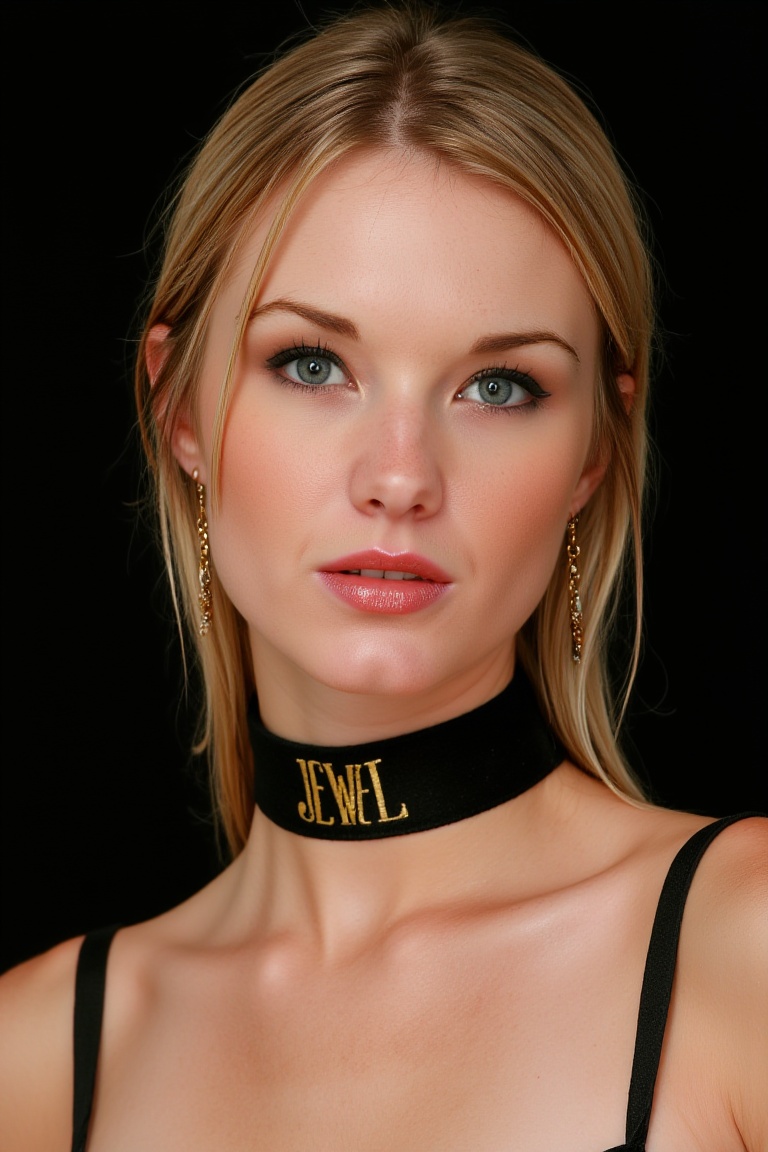 A stunning portrait of woJ3w3l with blonde slicked back hair,  wet hair,  she has perfect beautiful skin she is looking di...