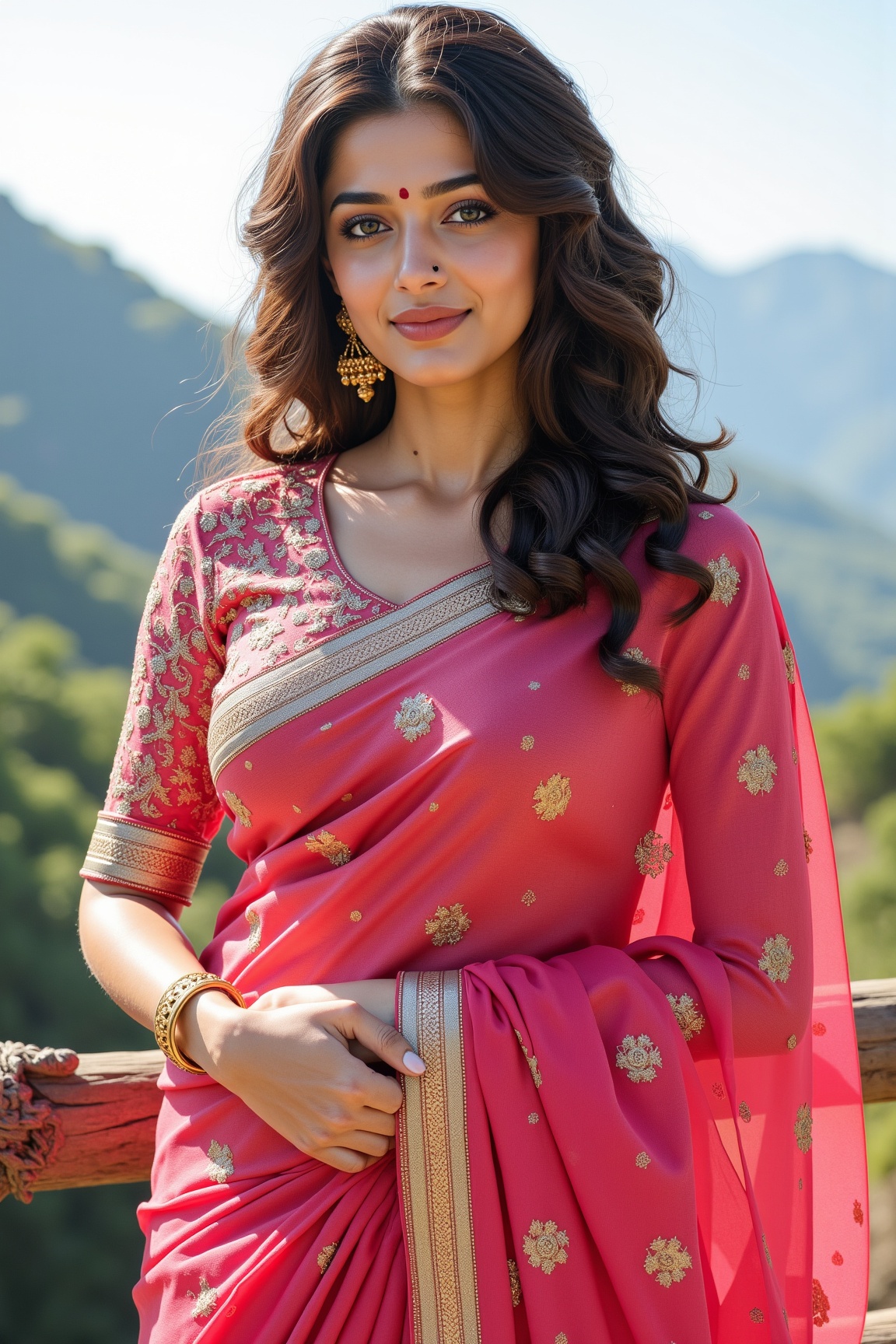 indian woman,A highly detailed and lifelike photograph of a beautiful modern Indian girl looking like Kiara Advani in pink silky Sari,  sunlight on face,  no bindi,  detailed lips, detailed eyes, beautiful mountain view, medium detailed hair, perfect breasts, (wide hips:1.1),  narrow waist,(absurdres, intricate, photorealistic, masterpiece, ultra-detailed:1.3)