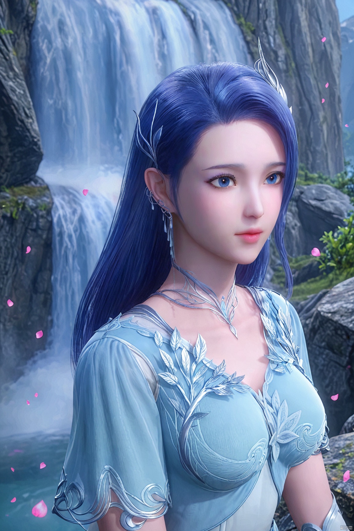 A serene afternoon scene: A solo figure, '1girl', sits elegantly on a rugged rock formation, her long black hair cascading down her back like a waterfall. Her striking features include piercing blue eyes and delicate breast definition beneath her flowing white dress. A subtle hair ornament adorns the crown of her head, as blue hair tendrils frame her face. Earrings glimmer in harmony with the soft rustling of falling petals from above, against the brilliant blue sky with only a few wispy clouds scattered about.