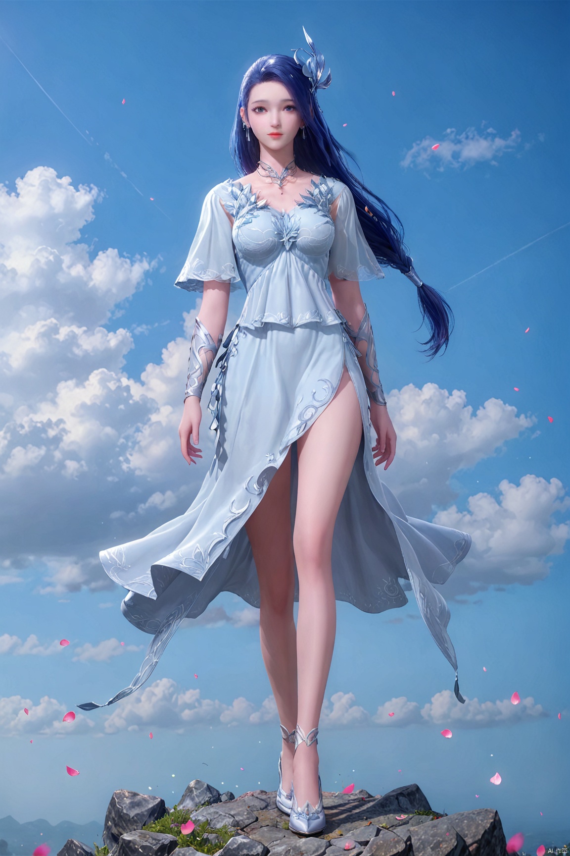 score_9,score_8_up,score_7_up,AY,1girl, solo, long hair, breasts, blue eyes, black hair, hair ornament, dress, jewelry, blue hair, standing, earrings, sky, day, cloud, white dress, blue sky, petals, bare legs, low-tied long hair, falling petals