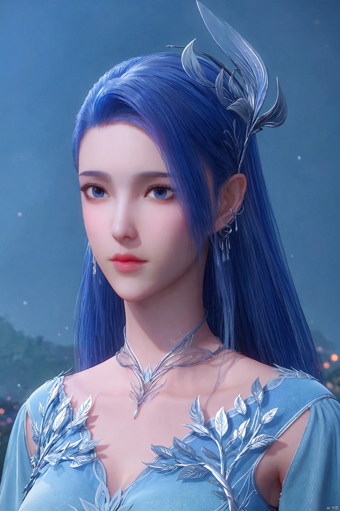 score_9,score_8_up,score_7_up,AY,1girl, solo, long hair, dress, jewelry, blue hair, upper body, earrings, blue dress