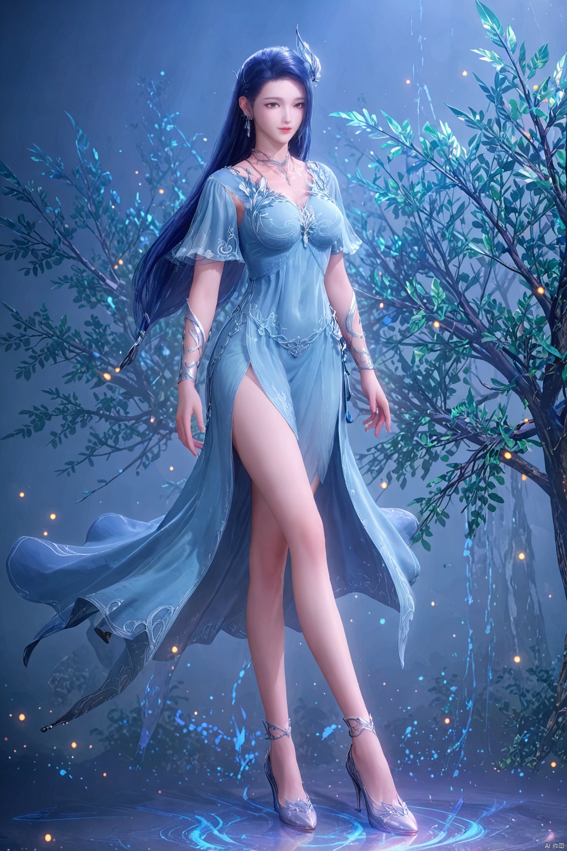 score_9,score_8_up,score_7_up,AY,1girl, solo, long hair, black hair, hair ornament, dress, jewelry, blue hair, full body, earrings, necklace, high heels, bare legs, blue dress, light