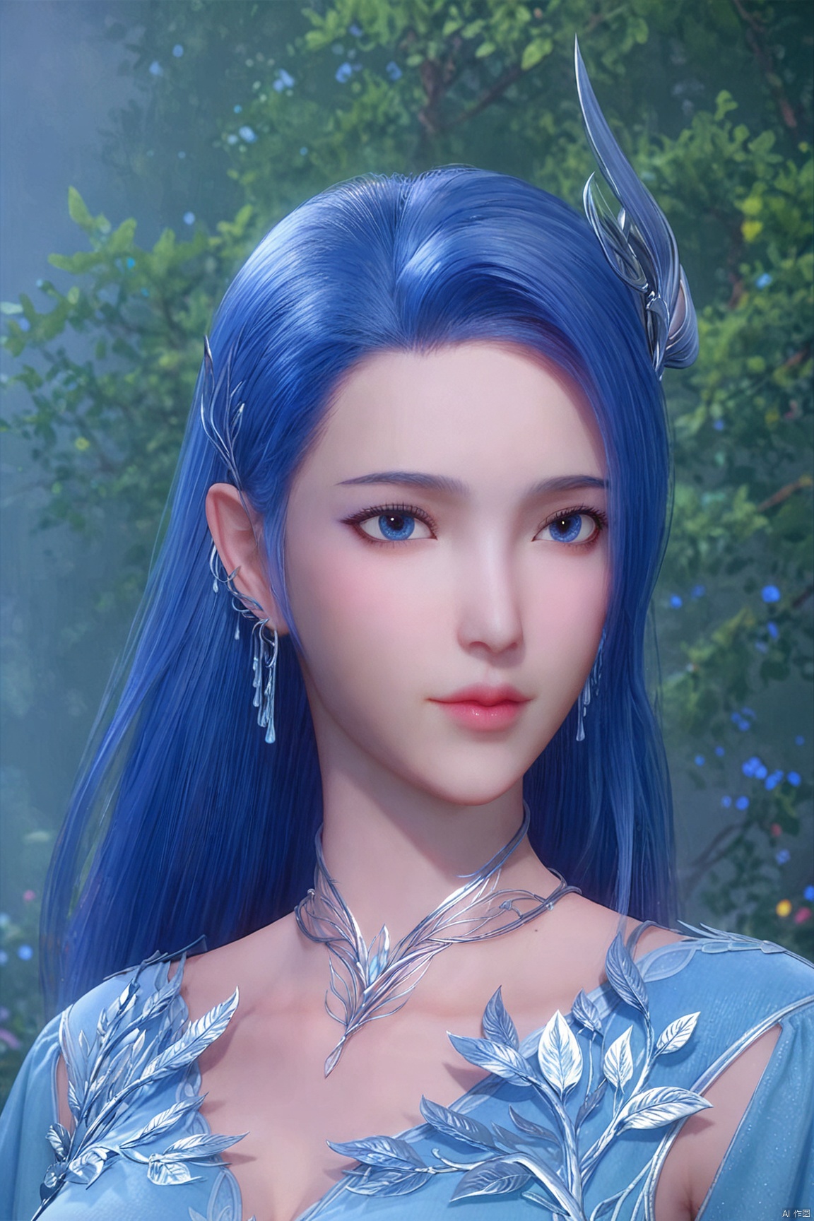 score_9,score_8_up,score_7_up,AY,1girl, solo, long hair, dress, jewelry, blue hair, upper body, earrings, blue dress