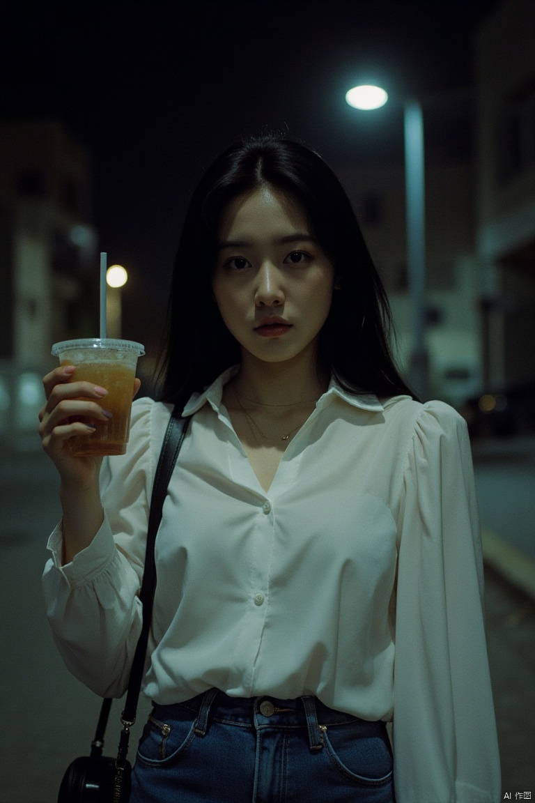 The image is a portrait of a young woman standing on a street at night. She is holding a drink in her left hand and a handbag in her right hand. The woman has long dark hair and is wearing a white blouse and blue jeans. She has a serious expression on her face and is looking directly at the camera. In the background, there are buildings and a street lamp. The overall mood of the image is dark and mysterious.