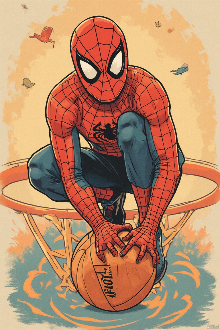 Flat illustration, punk Spider Man playing basketball