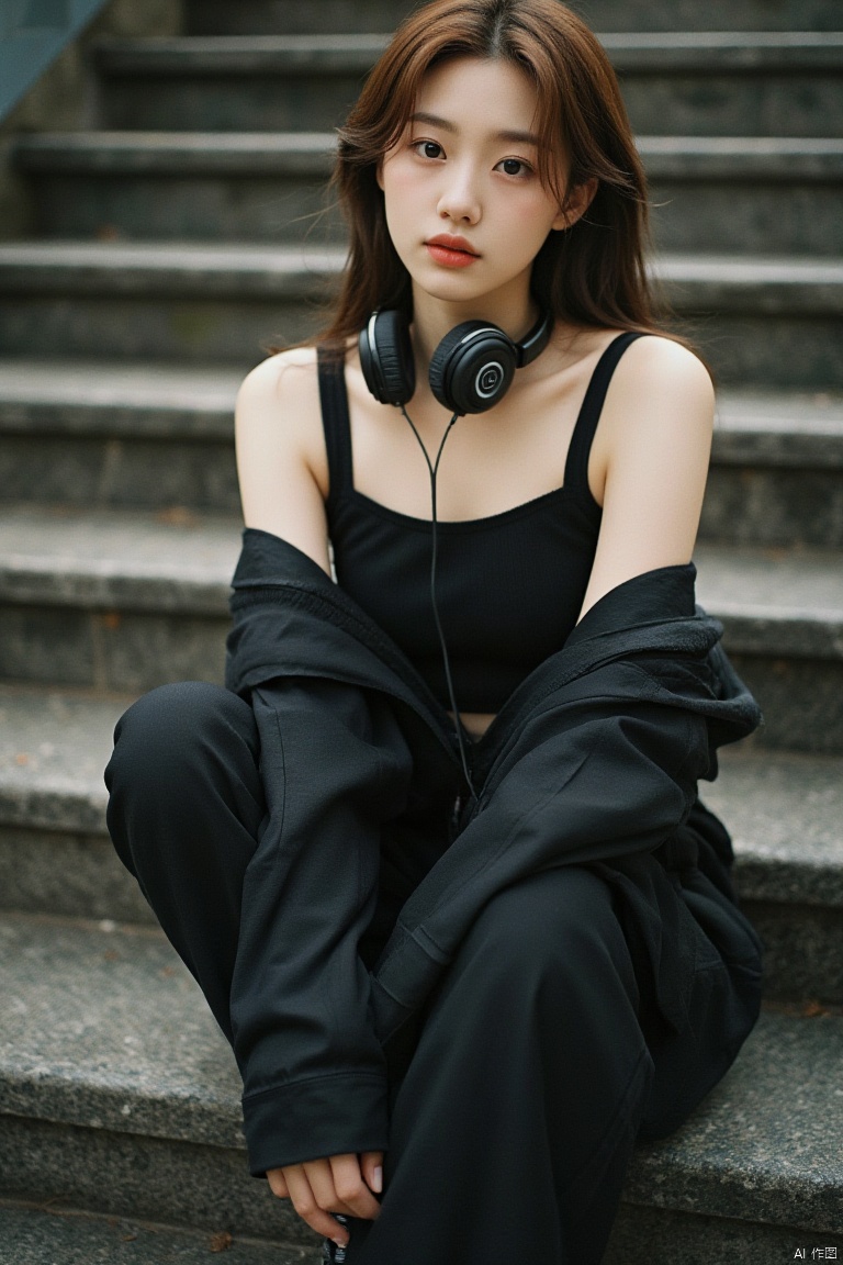 A beautiful and charming Chinese woman sitting on the steps, with delicate facial features and delicate skin, rich and realistic skin textures. She has brown hair, wearing a black vest and jacket, pants, headphones around her neck, bare shoulders, and hands naturally hanging on her legs