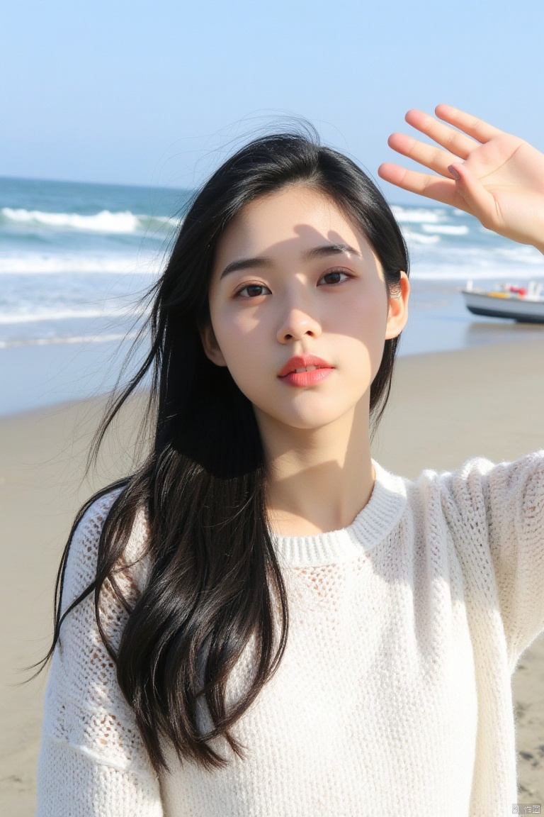 This is a high-resolution, casual half body portrait photo. The subject of the photo is a young woman wearing a white sweater. She has black hair hanging over her shoulders. She raised her right hand, blocking the sunlight as if enjoying the sea view. The background shows the beach and the ocean, with waves crashing against the coast and a small boat anchored on the beach.